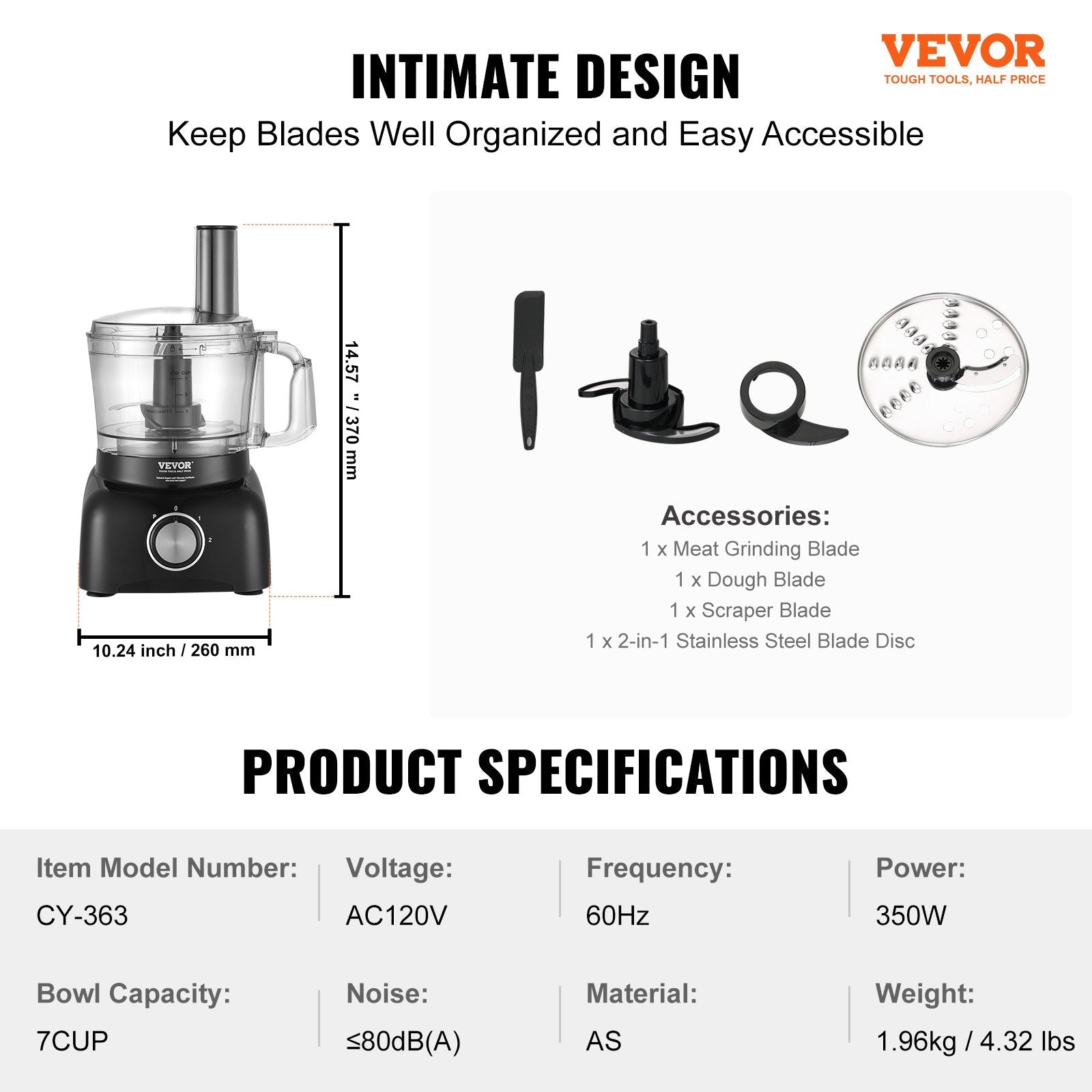 VEVOR Food Processor, 7-Cup Vegetable Chopper for Chopping, Mixing, Slicing, and Kneading Dough, 350 Watts Stainless Steel Blade Professional Electric Food Chopper, Easy Assembly & Clean, Black 