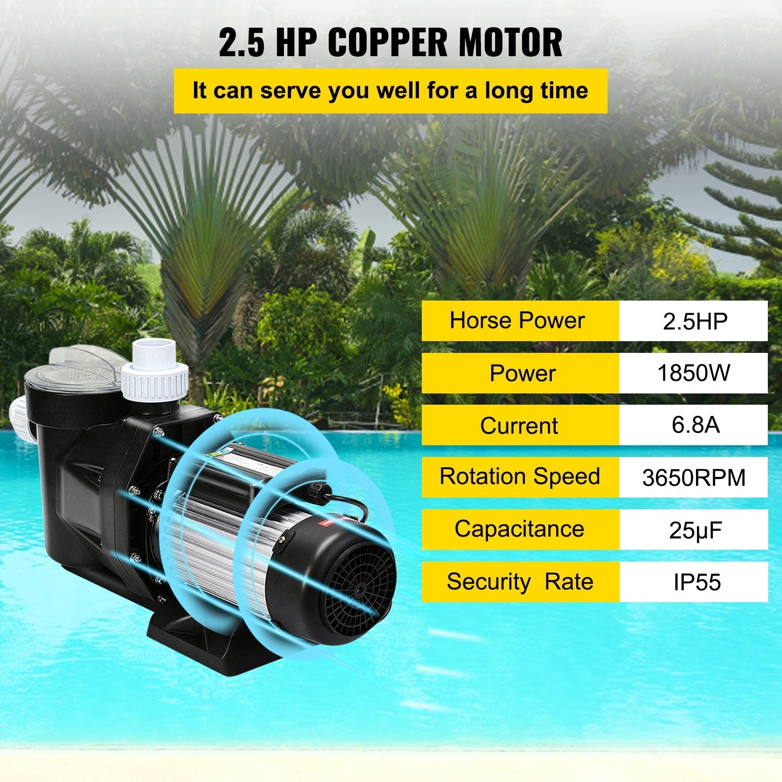 VEVOR Swimming Pool Filter Pump 2.5HP, Inground Swimming Pool Pump 1850W, Swimming Pool Pump 148GPM, Single Speed Filter for Spa Water Circulation Above Ground Apply Swimming Pool, Bathtub 