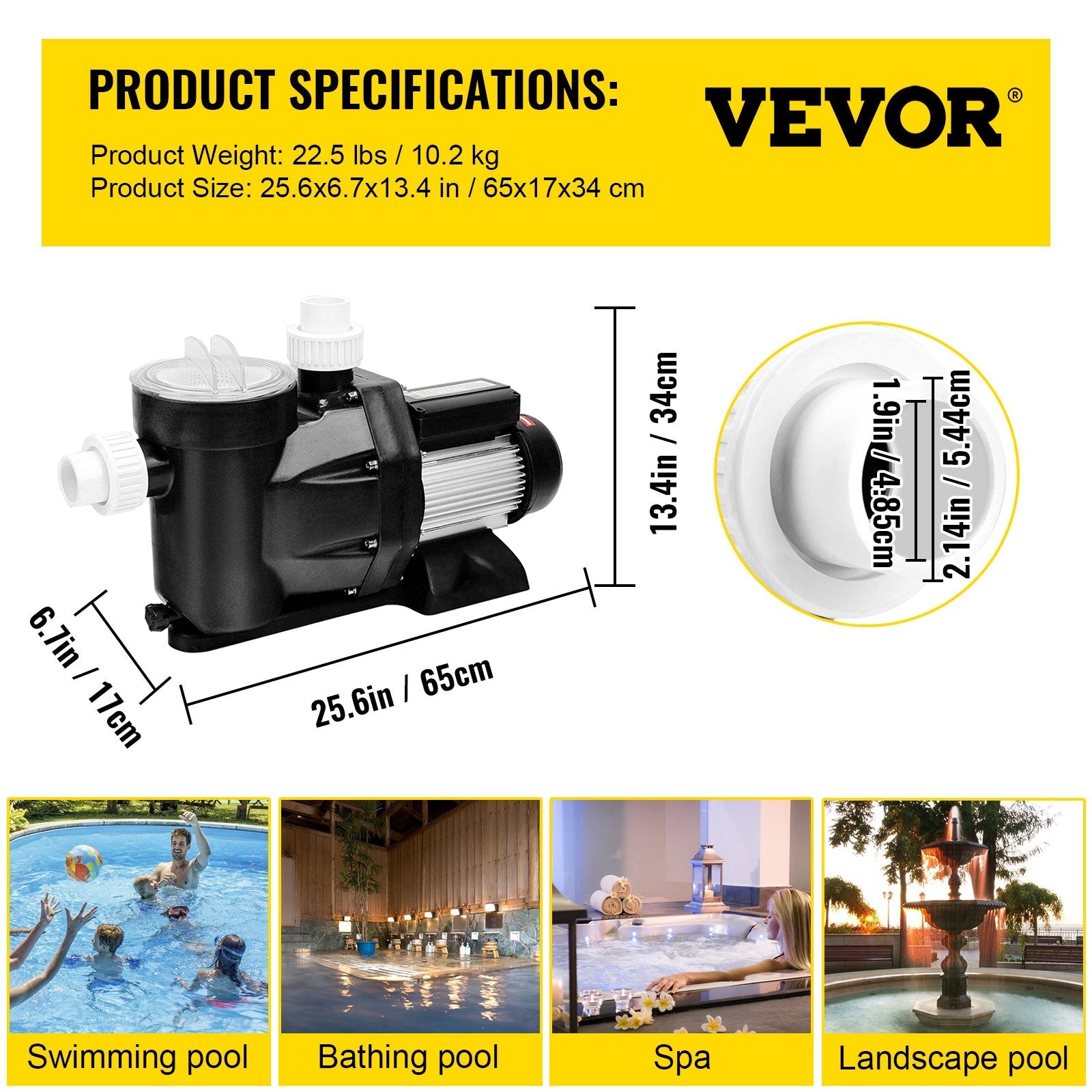 VEVOR Swimming Pool Filter Pump 2.5HP, Inground Swimming Pool Pump 1850W, Swimming Pool Pump 148GPM, Single Speed Filter for Spa Water Circulation Above Ground Apply Swimming Pool, Bathtub 