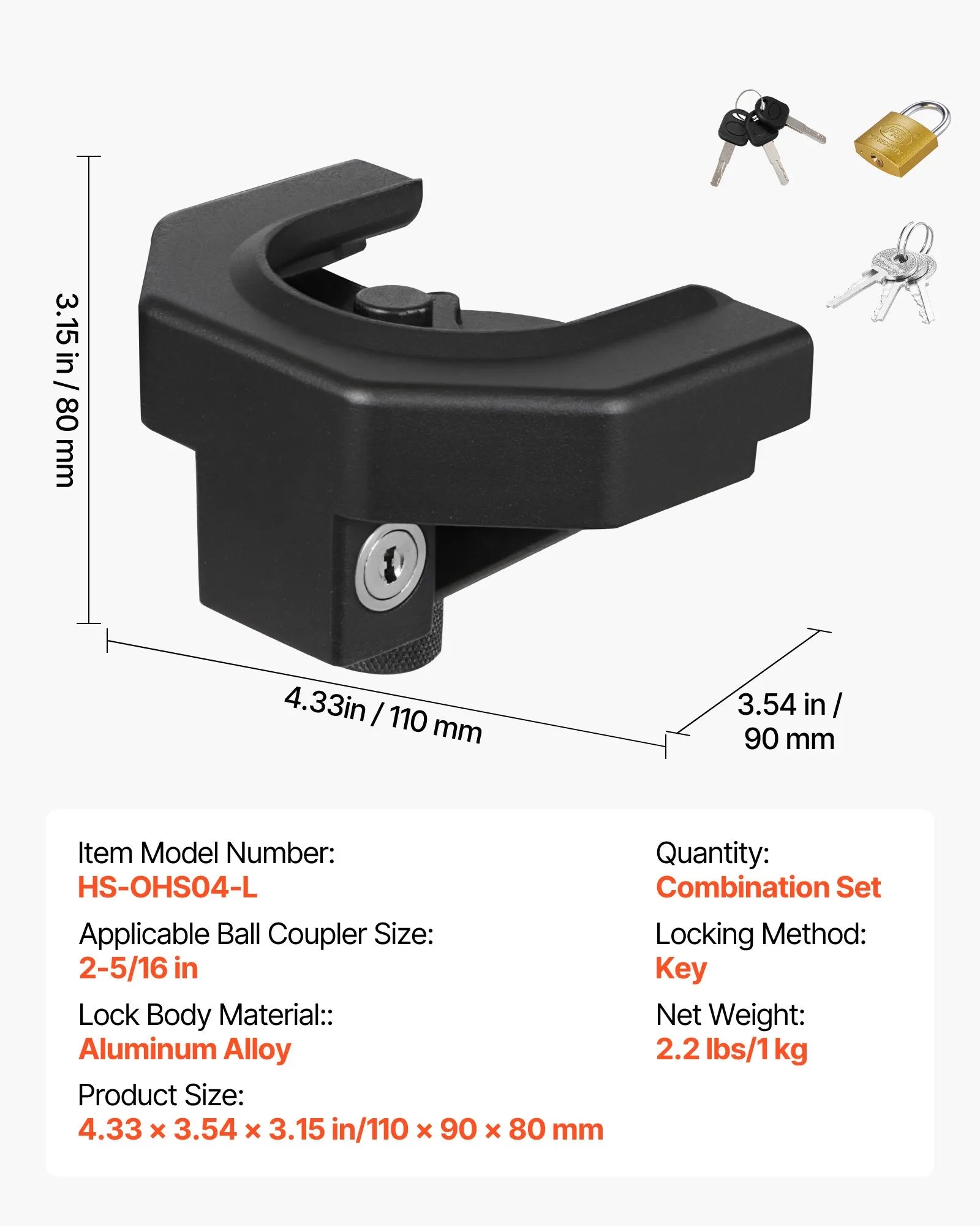 VEVOR Trailer Hitch Lock Kit, Compatible with 2-5/16 in Couplers, Heavy-Duty Anti-Theft Trailer Ball Lock with 3 Keys & Padlock, Prying-Resistant & Impact-Resistant, Fits for RVs, Boats, Trailers 