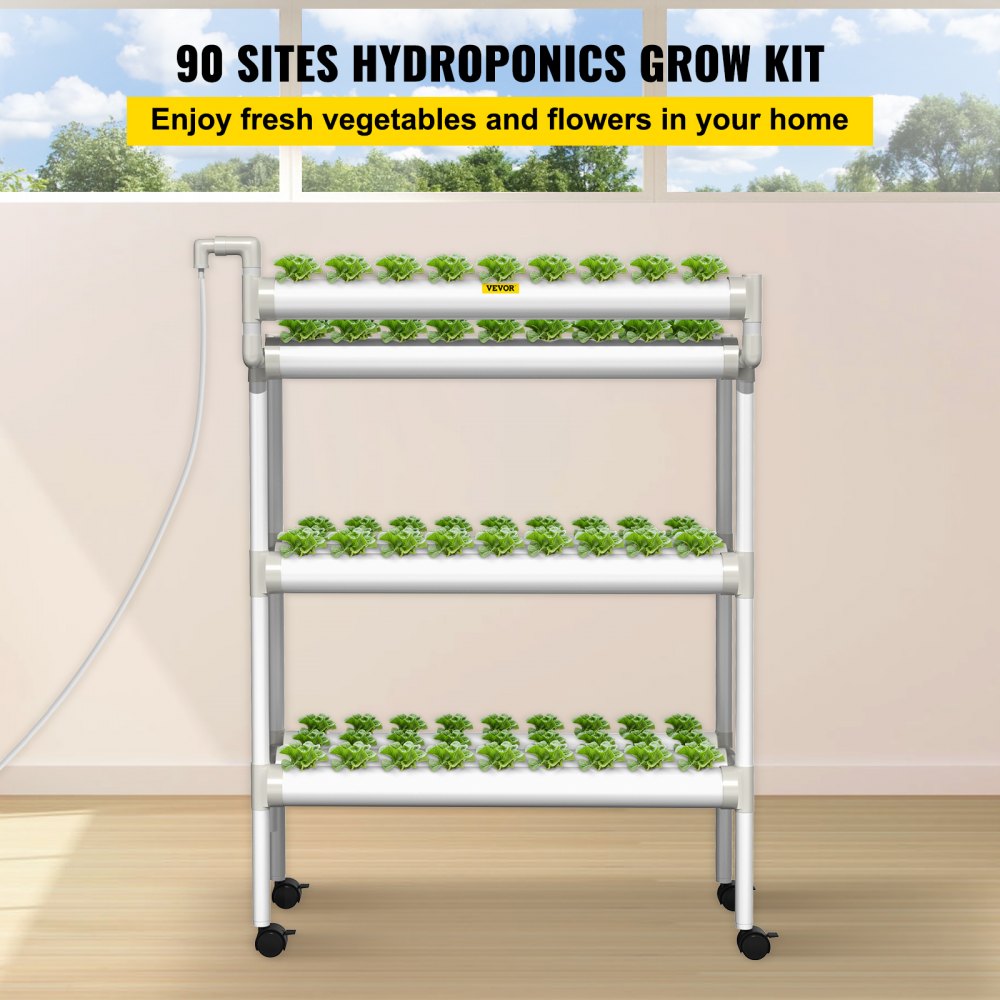 VEVOR Hydroponics Growing System, 90 Sites 3 Layers, 10 Food-Grade PVC-U Pipes, Vertical Indoor Plant Grow Kit with Water Pump, Timer, Nest Basket, Sponge for Fruits, Vegetables, Herb, White 