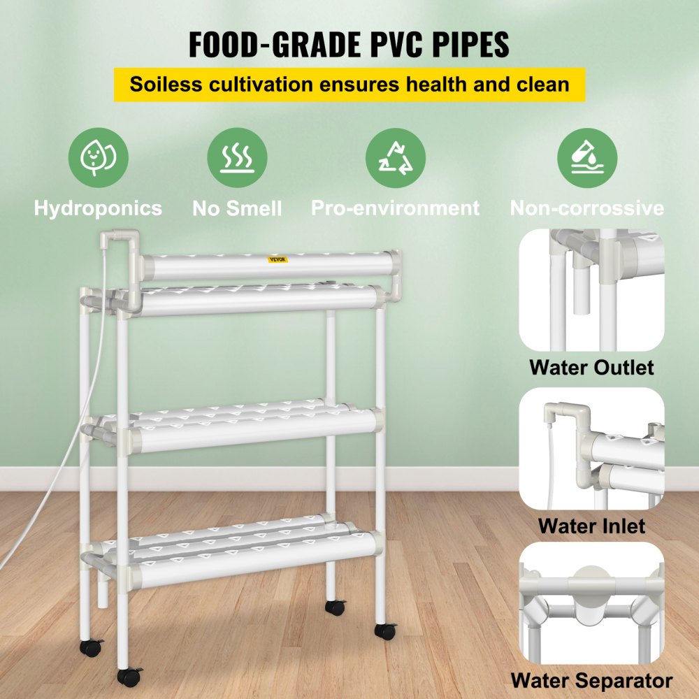 VEVOR Hydroponics Growing System, 90 Sites 3 Layers, 10 Food-Grade PVC-U Pipes, Vertical Indoor Plant Grow Kit with Water Pump, Timer, Nest Basket, Sponge for Fruits, Vegetables, Herb, White 