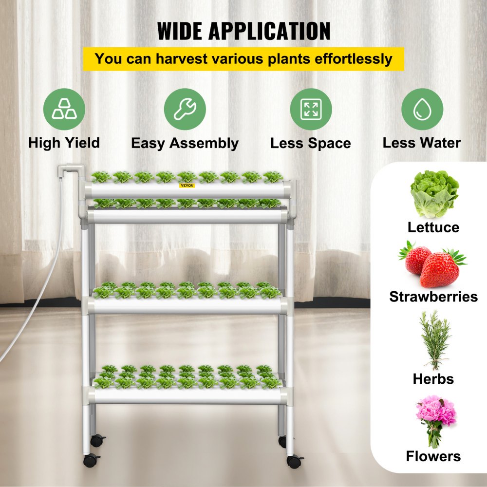 VEVOR Hydroponics Growing System, 90 Sites 3 Layers, 10 Food-Grade PVC-U Pipes, Vertical Indoor Plant Grow Kit with Water Pump, Timer, Nest Basket, Sponge for Fruits, Vegetables, Herb, White 