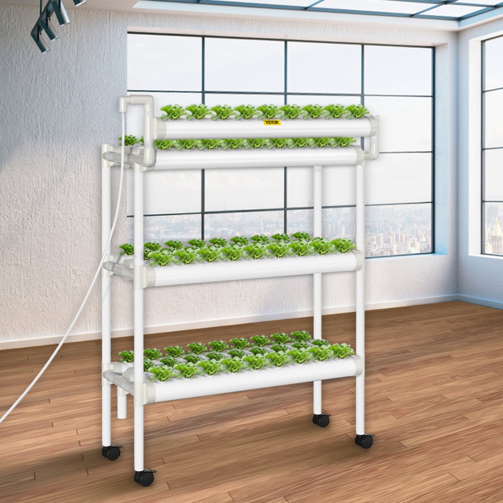 VEVOR Hydroponics Growing System, 90 Sites 3 Layers, 10 Food-Grade PVC-U Pipes, Vertical Indoor Plant Grow Kit with Water Pump, Timer, Nest Basket, Sponge for Fruits, Vegetables, Herb, White 