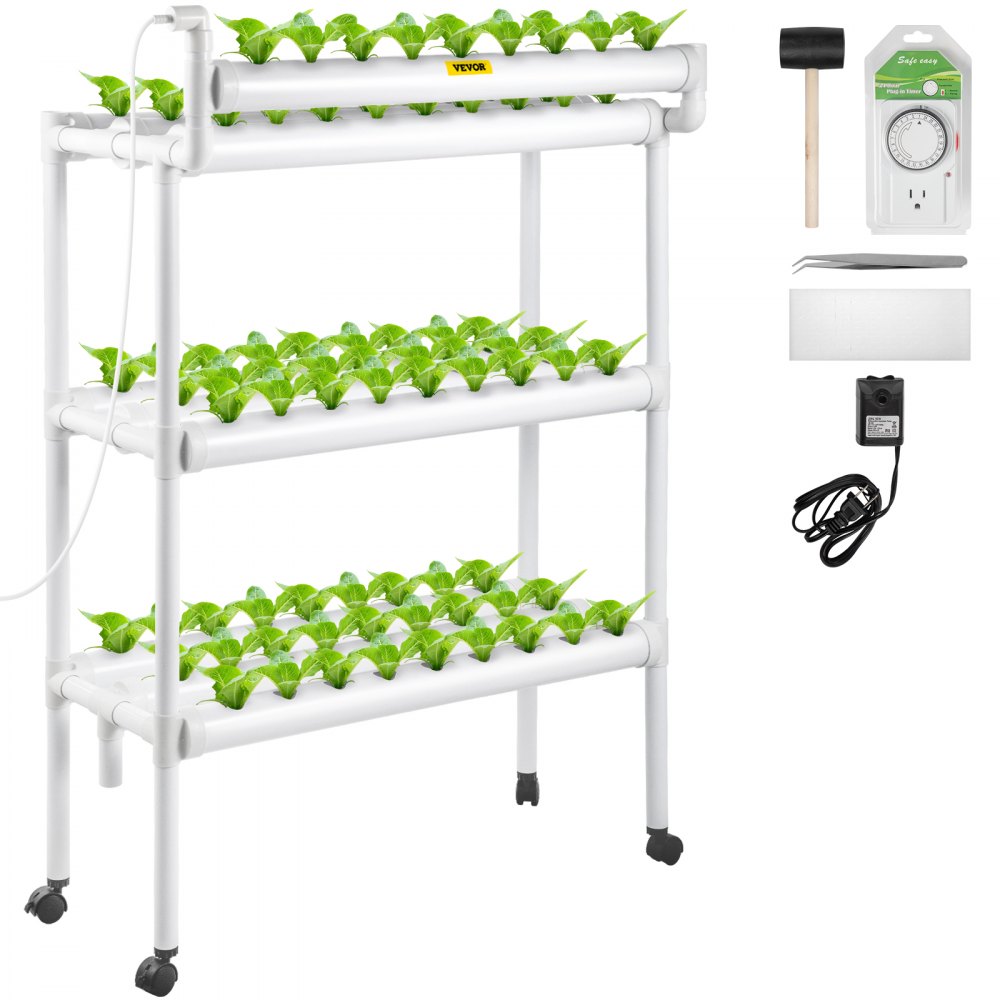 VEVOR Hydroponics Growing System, 90 Sites 3 Layers, 10 Food-Grade PVC-U Pipes, Vertical Indoor Plant Grow Kit with Water Pump, Timer, Nest Basket, Sponge for Fruits, Vegetables, Herb, White 