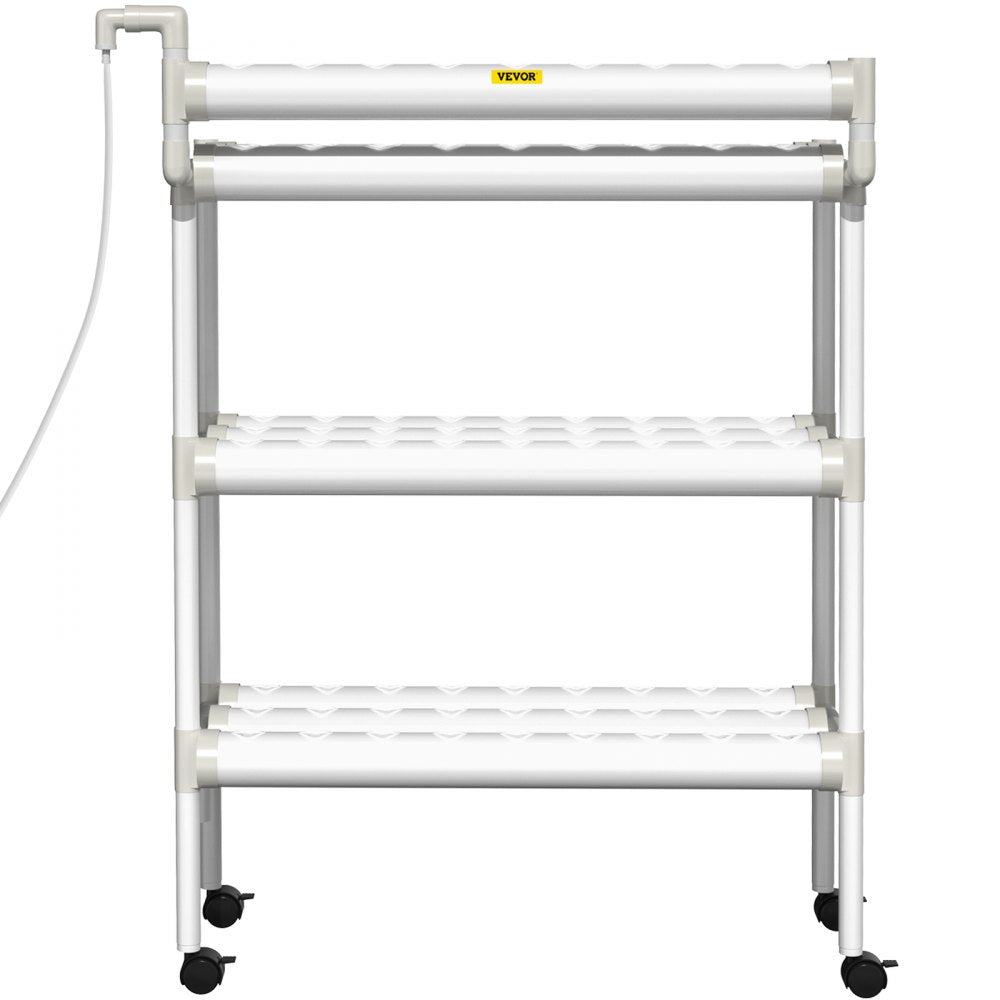 VEVOR Hydroponics Growing System, 90 Sites 3 Layers, 10 Food-Grade PVC-U Pipes, Vertical Indoor Plant Grow Kit with Water Pump, Timer, Nest Basket, Sponge for Fruits, Vegetables, Herb, White 