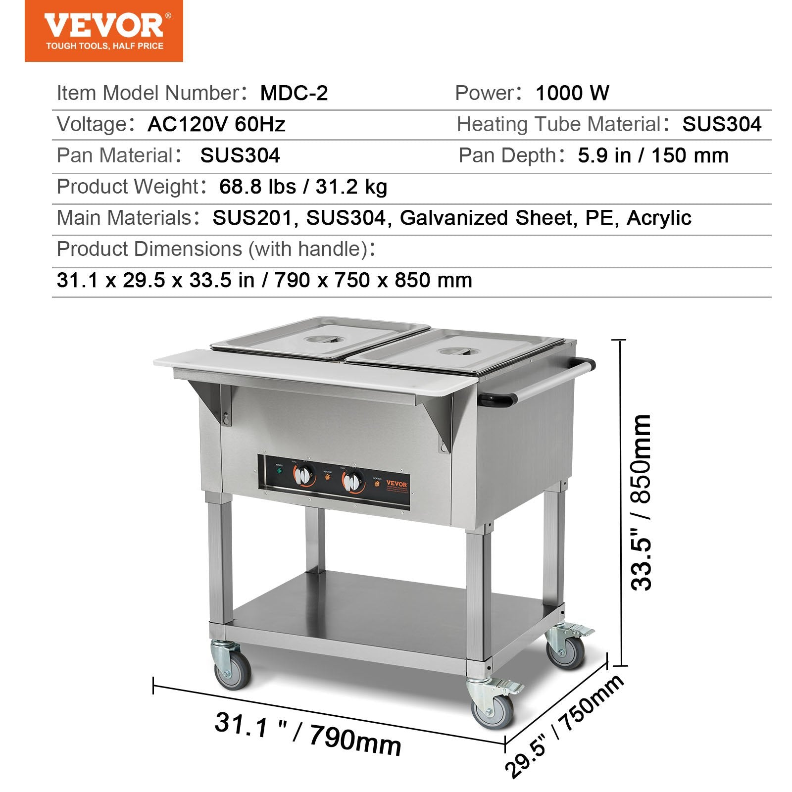 VEVOR 2-Pan Commercial Food Warmer, 2 x 20.6QT Electric Steam Table, 1000W Professional Buffet Catering Food Warmer with 4 Wheels (2 Lockable), Food Grade Stainless Steel Server for Party Restaurant 