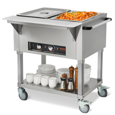 VEVOR 2-Pan Commercial Food Warmer, 2 x 20.6QT Electric Steam Table, 1000W Professional Buffet Catering Food Warmer with 4 Wheels (2 Lockable), Food Grade Stainless Steel Server for Party Restaurant 
