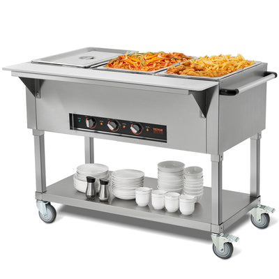 VEVOR 3-Pan Commercial Food Warmer, 3x 20.6QT Electric Steam Table, 1500W Professional Buffet Catering Food Warmer with 4 Wheels (2 Lockable), Food Grade Stainless Steel Server for Party Restaurant 