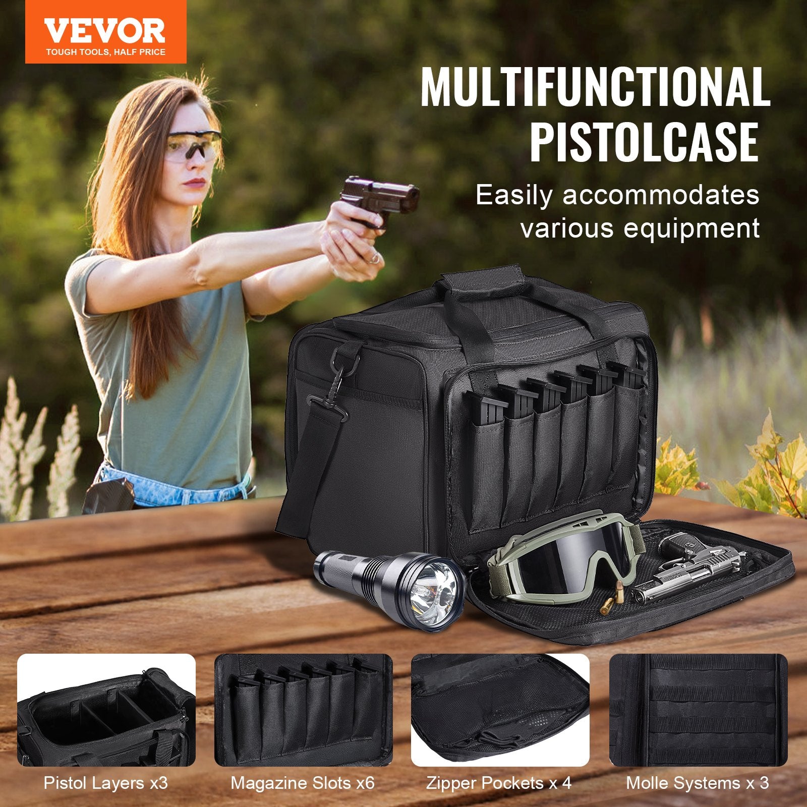 VEVOR Soft Pistol Case for 3 Pistols Handgun Bag Outdoor Hunting Shooting Black 