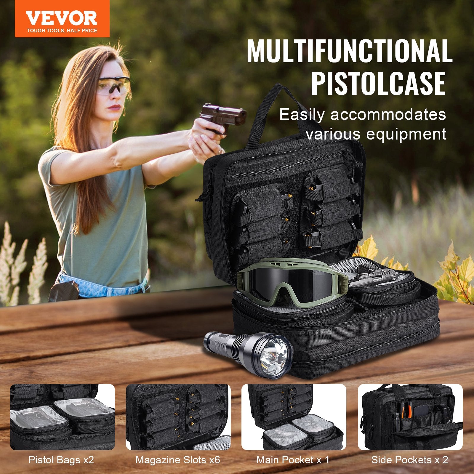 VEVOR Range Bag for 2 Pistols Tactical Gun Bag 2 Built-in Pistol Bags Black 