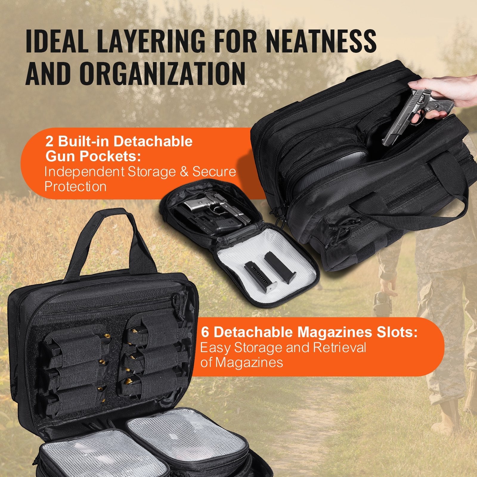 VEVOR Range Bag for 2 Pistols Tactical Gun Bag 2 Built-in Pistol Bags Black 