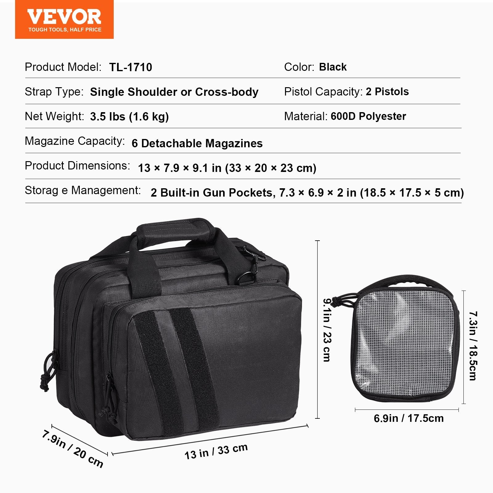 VEVOR Range Bag for 2 Pistols Tactical Gun Bag 2 Built-in Pistol Bags Black 