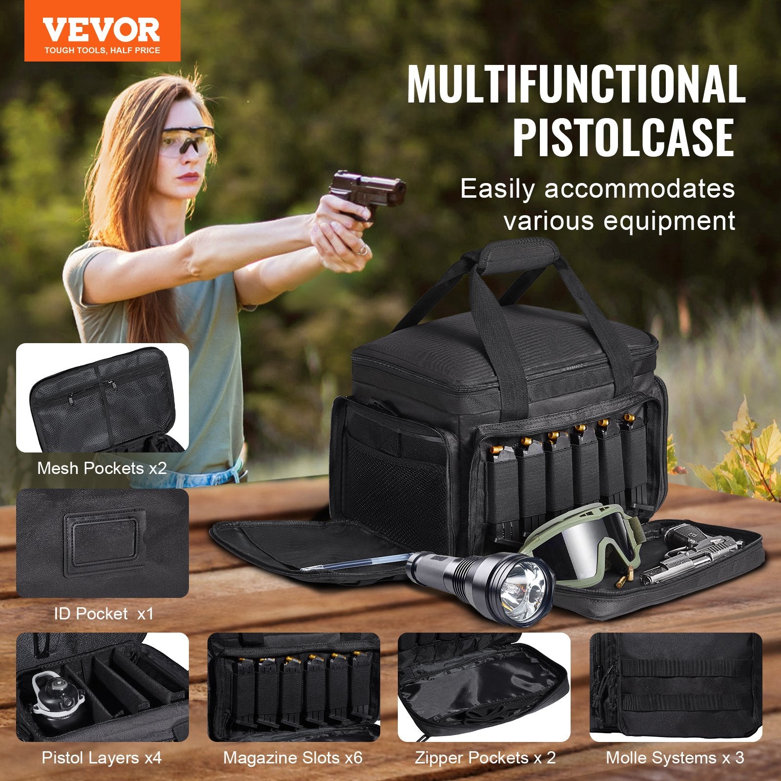 VEVOR Soft Pistol Case for 4 Pistols Handgun Bag Outdoor Hunting Shooting Black 