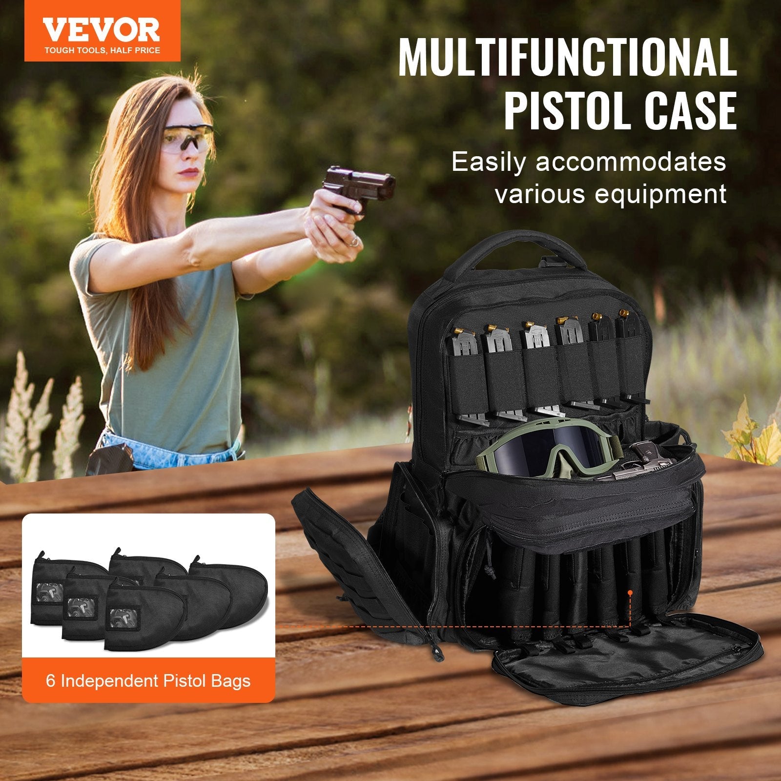 VEVOR Tactical Range Backpack for 6 Pistols Gun Backpack Black 