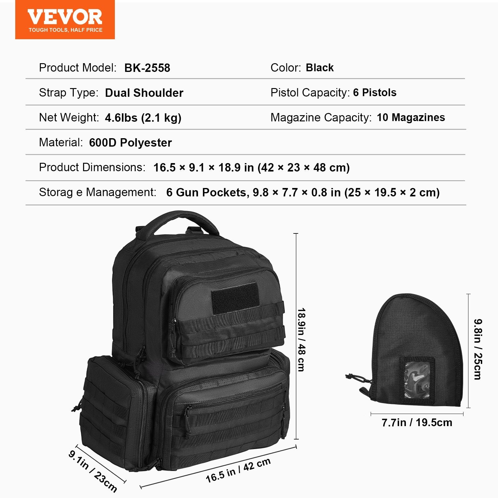VEVOR Tactical Range Backpack for 6 Pistols Gun Backpack Black 