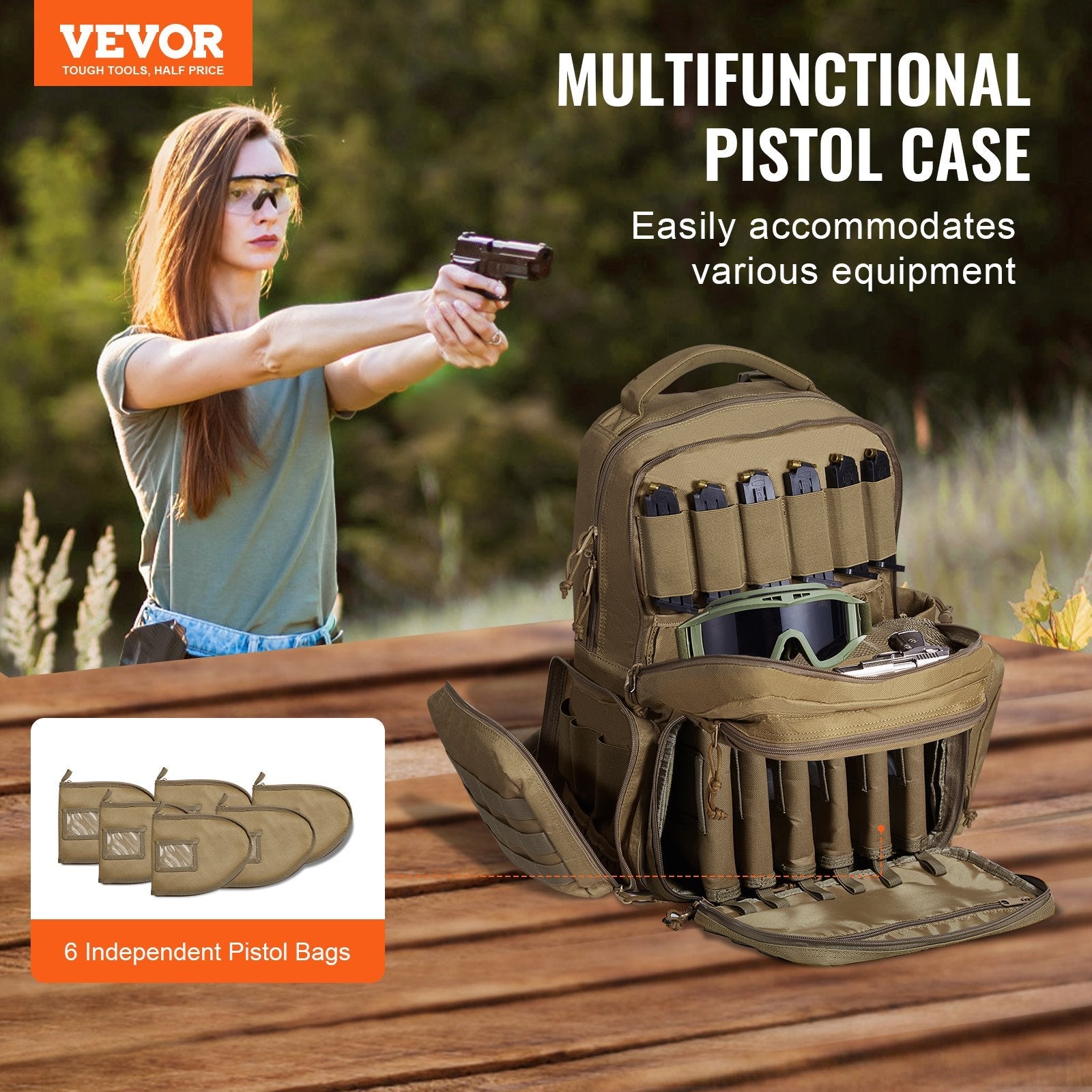VEVOR Tactical Range Backpack for 6 Pistols Gun Backpack Brown 