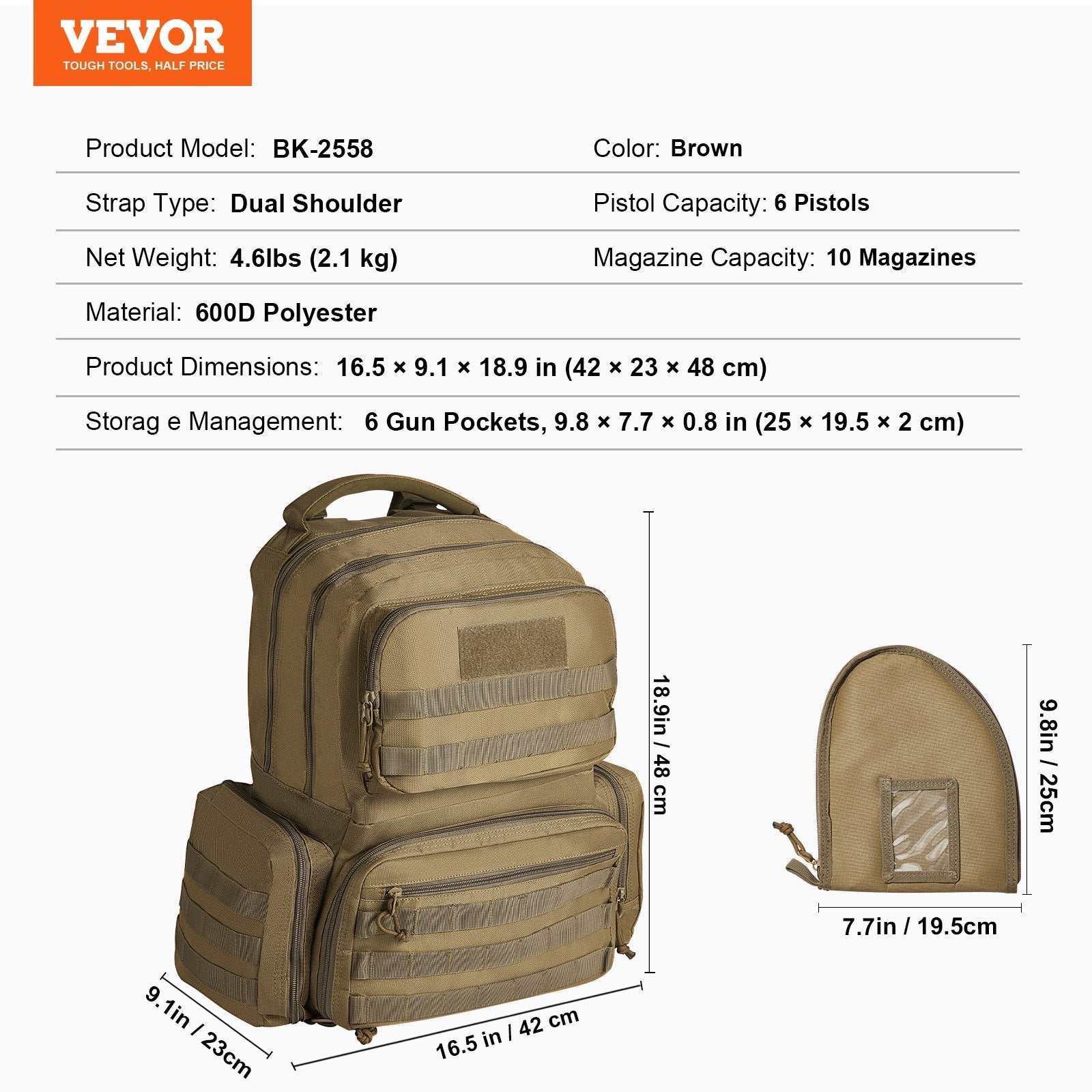 VEVOR Tactical Range Backpack for 6 Pistols Gun Backpack Brown 