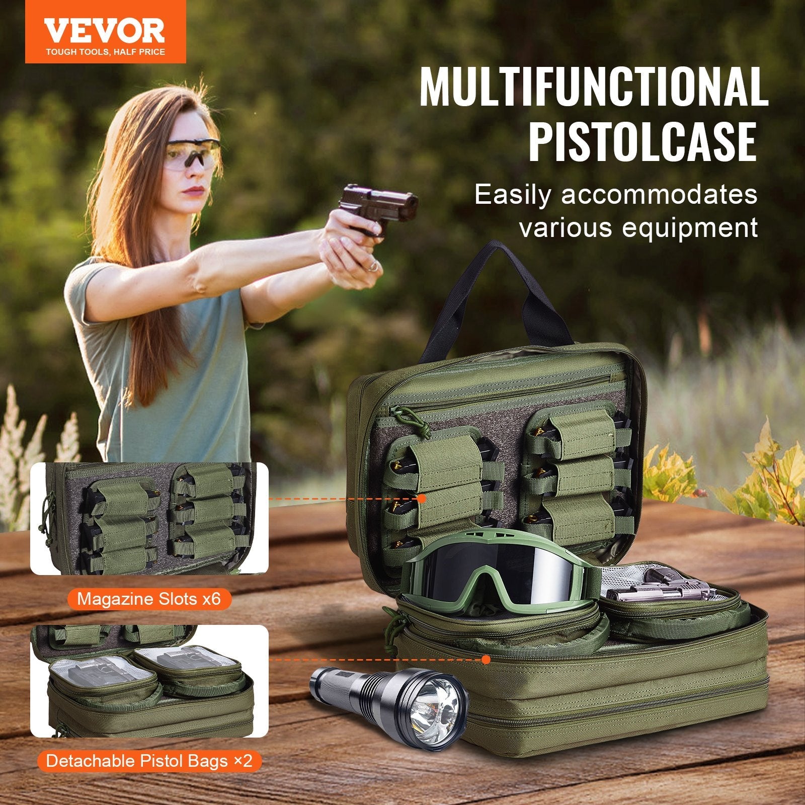 VEVOR Range Bag for 2 Pistols Tactical Gun Bag 2 Built-in Pistol Bags Green 