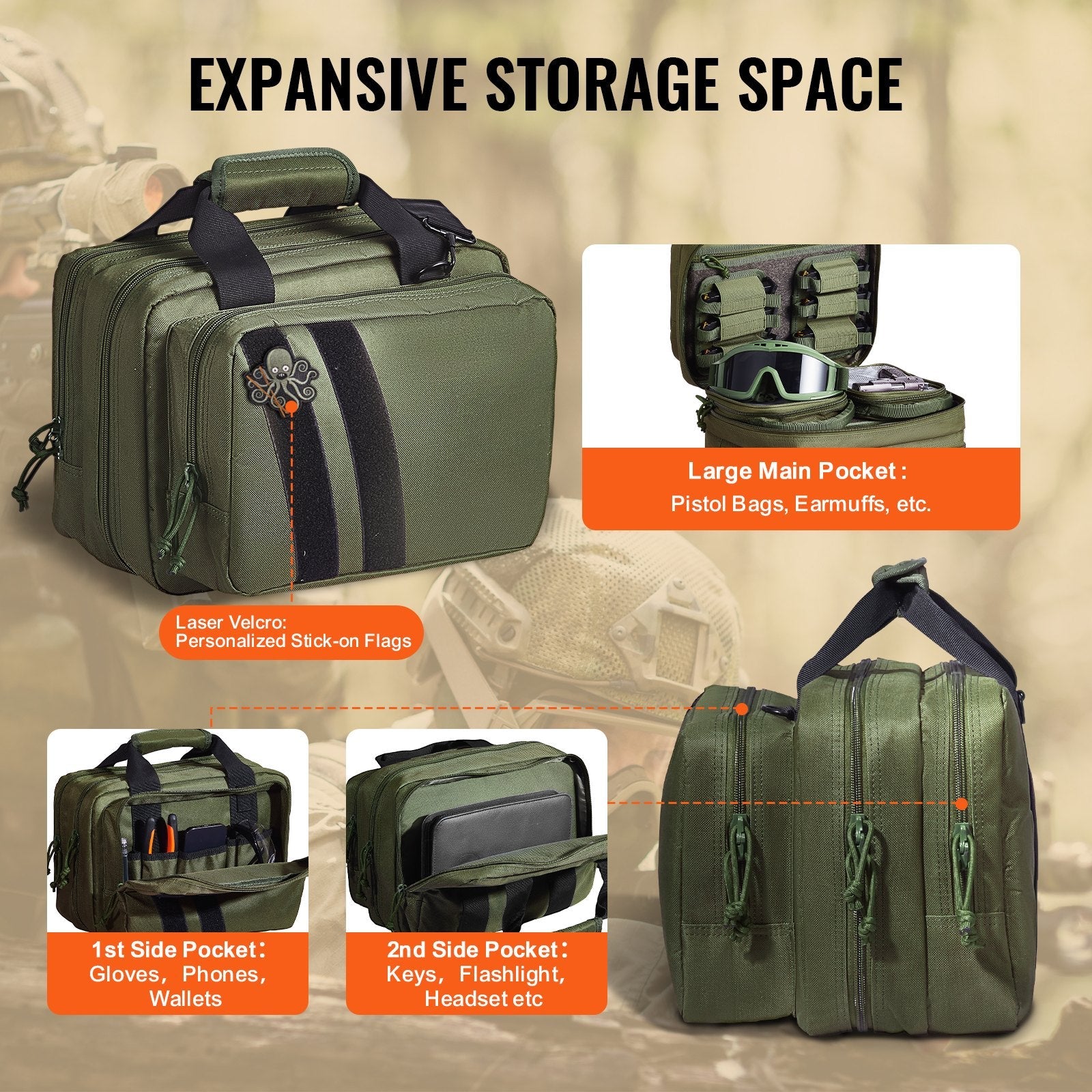 VEVOR Range Bag for 2 Pistols Tactical Gun Bag 2 Built-in Pistol Bags Green 