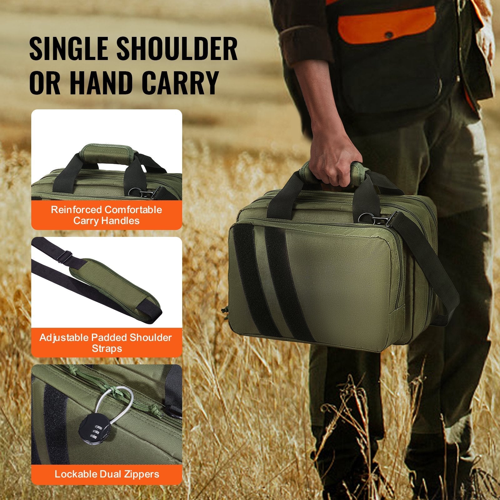 VEVOR Range Bag for 2 Pistols Tactical Gun Bag 2 Built-in Pistol Bags Green 