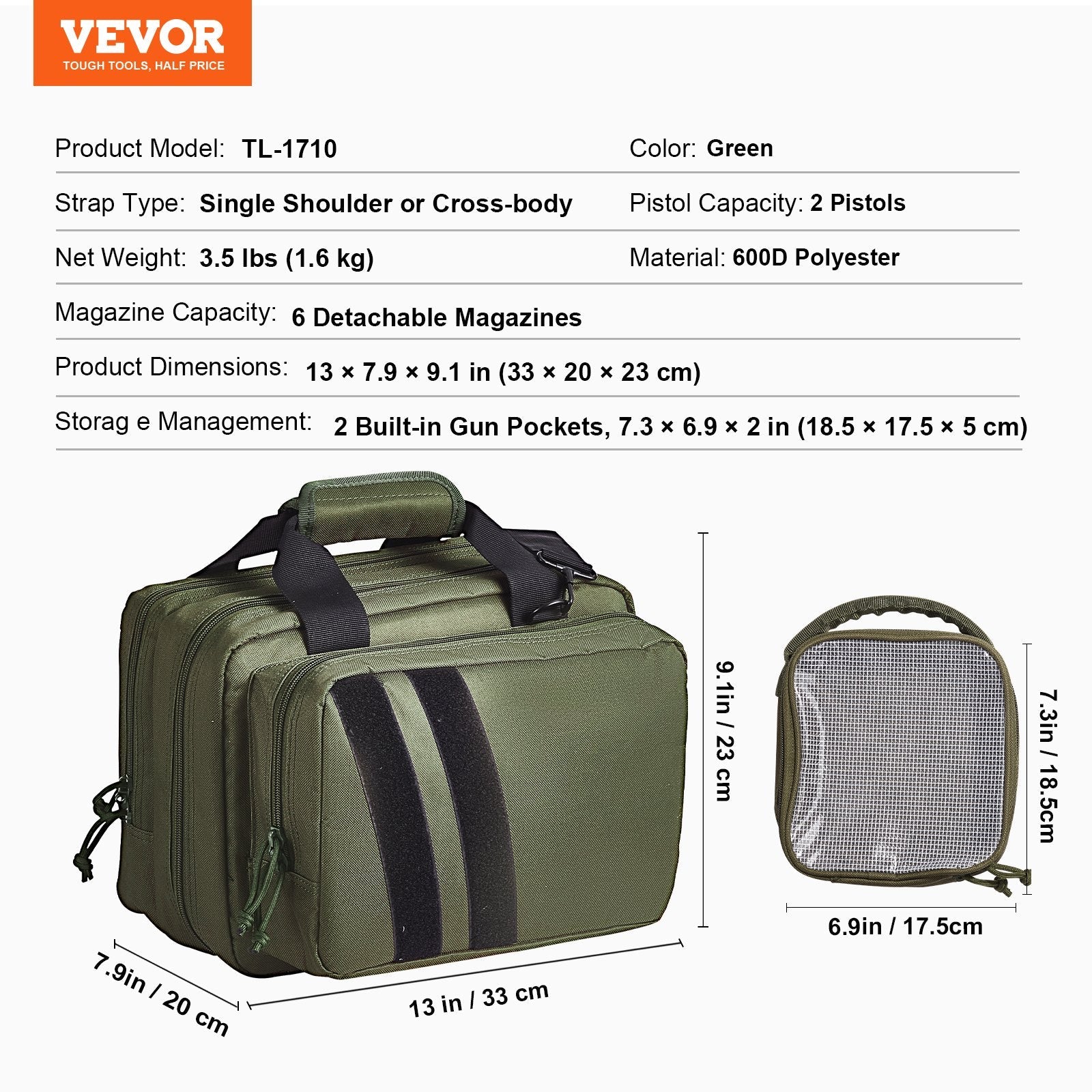 VEVOR Range Bag for 2 Pistols Tactical Gun Bag 2 Built-in Pistol Bags Green 