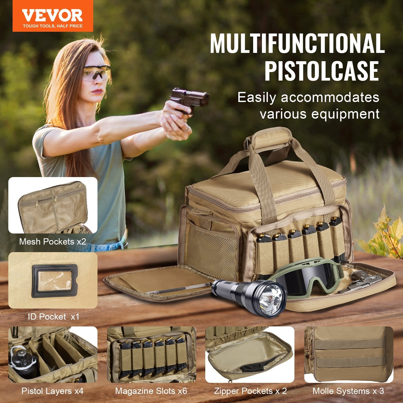 VEVOR Soft Pistol Case for 4 Pistols Handgun Bag Outdoor Hunting Shooting Brown 