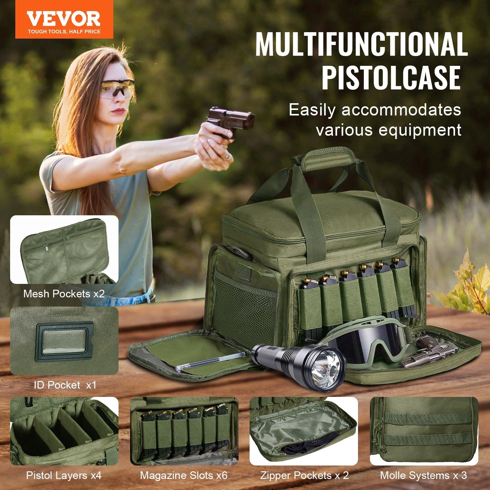 VEVOR Soft Pistol Case for 4 Pistols Handgun Bag Outdoor Hunting Shooting Green 
