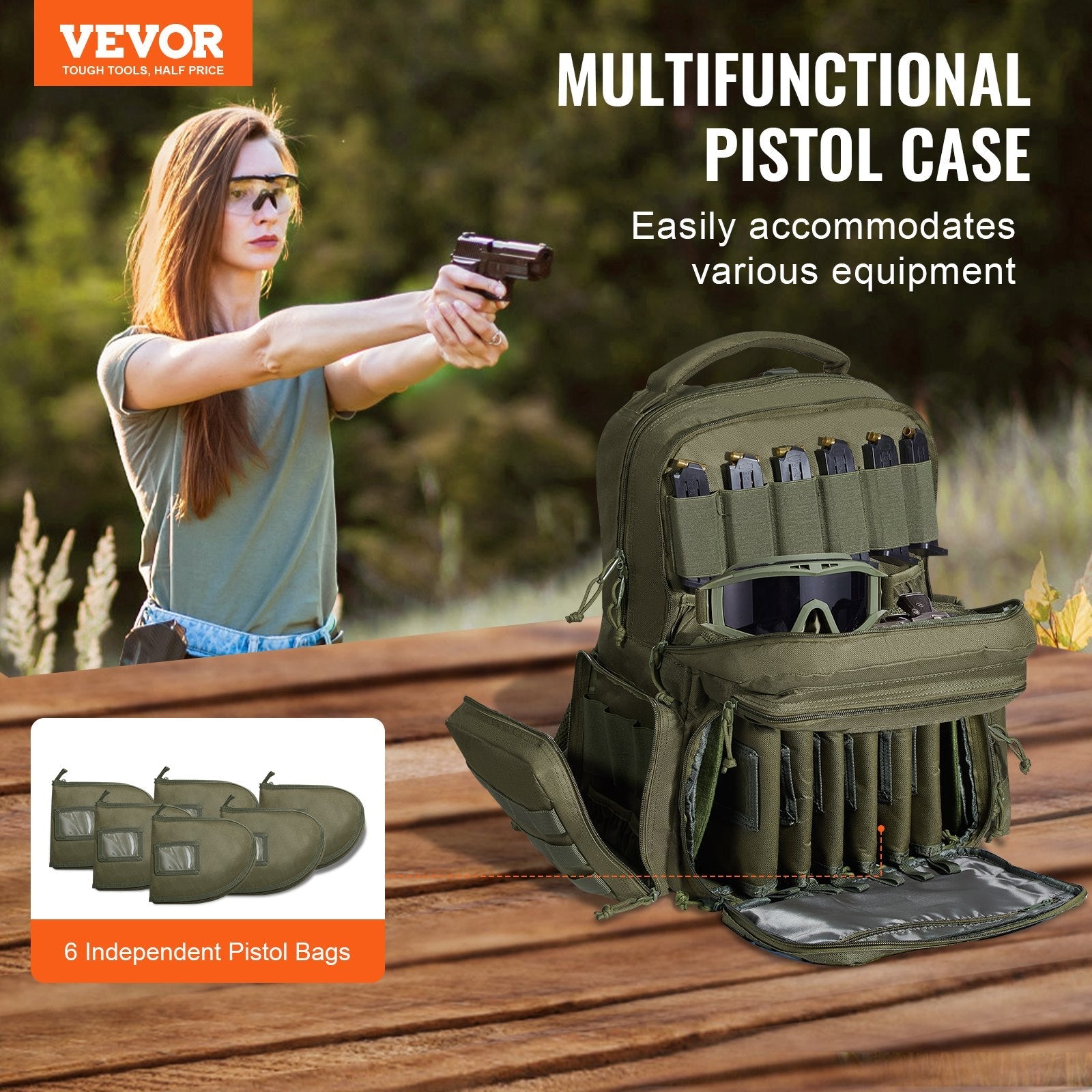 VEVOR Tactical Range Backpack for 6 Pistols Gun Backpack Green 