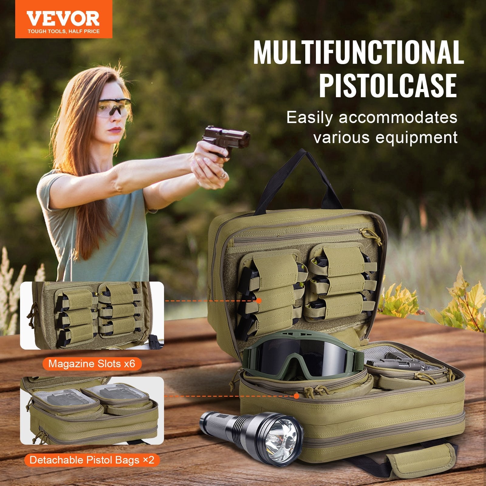 VEVOR Range Bag for 2 Pistols Tactical Gun Bag 2 Built-in Pistol Bags Brown 