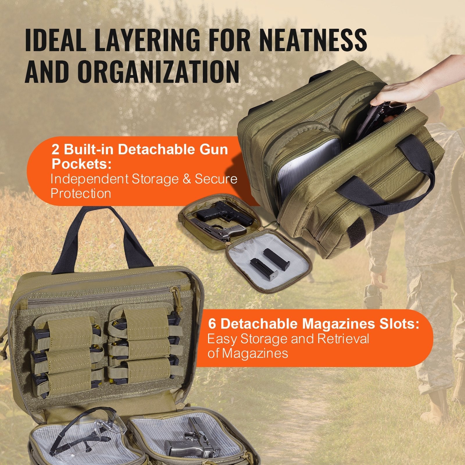 VEVOR Range Bag for 2 Pistols Tactical Gun Bag 2 Built-in Pistol Bags Brown 