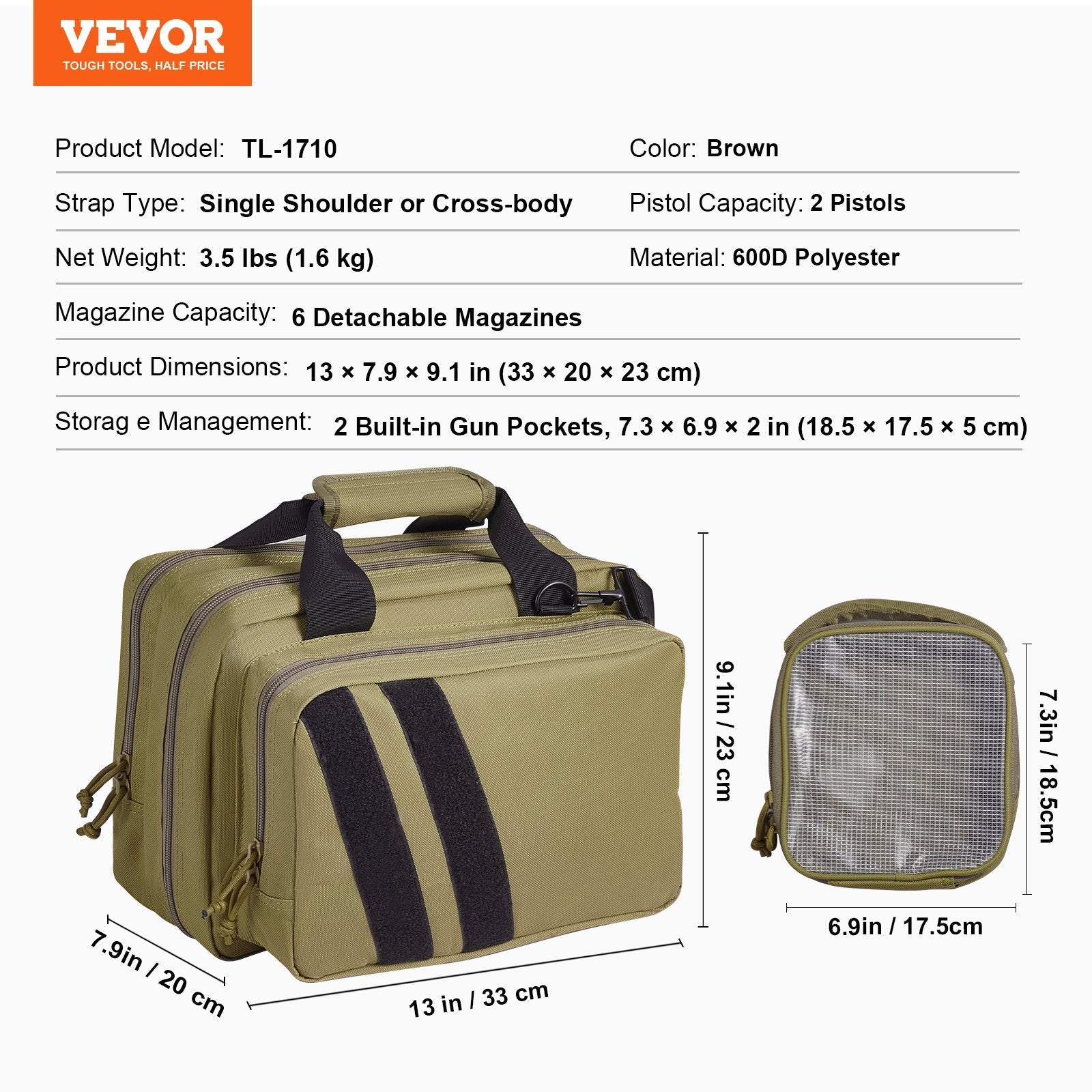 VEVOR Range Bag for 2 Pistols Tactical Gun Bag 2 Built-in Pistol Bags Brown 