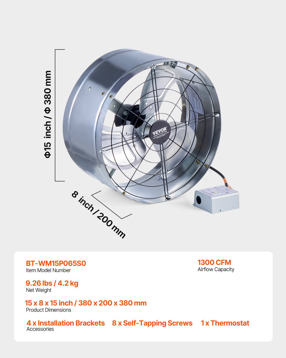 VEVOR 15" Gable Mount Fan 1300 CFM Attic Exhaust Fan with Adjustable Thermostat 