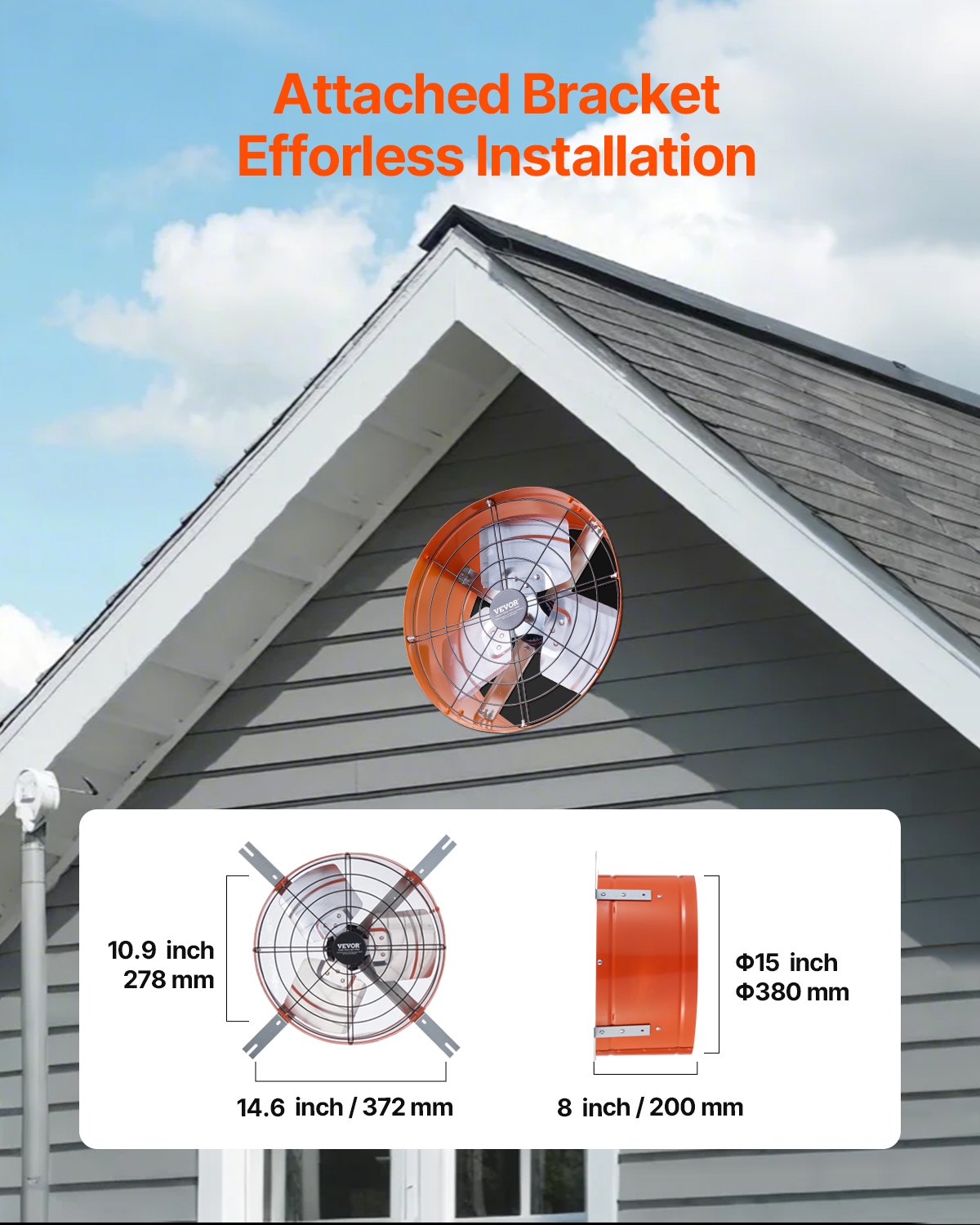 VEVOR 15" Gable Mount Fan 1650 CFM Attic Exhaust Fan with Adjustable Thermostat 