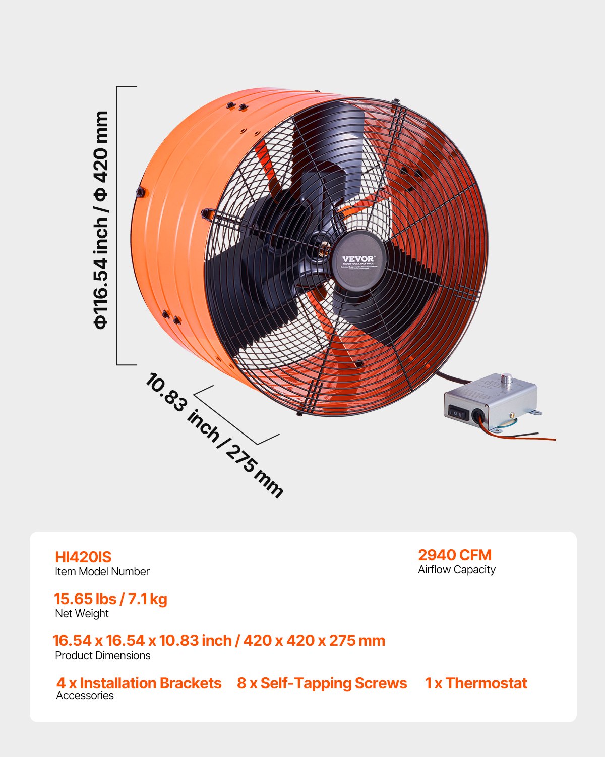 VEVOR 16" Gable Mount Fan 2940 CFM Attic Vent Fan with Adjustable Thermostat 