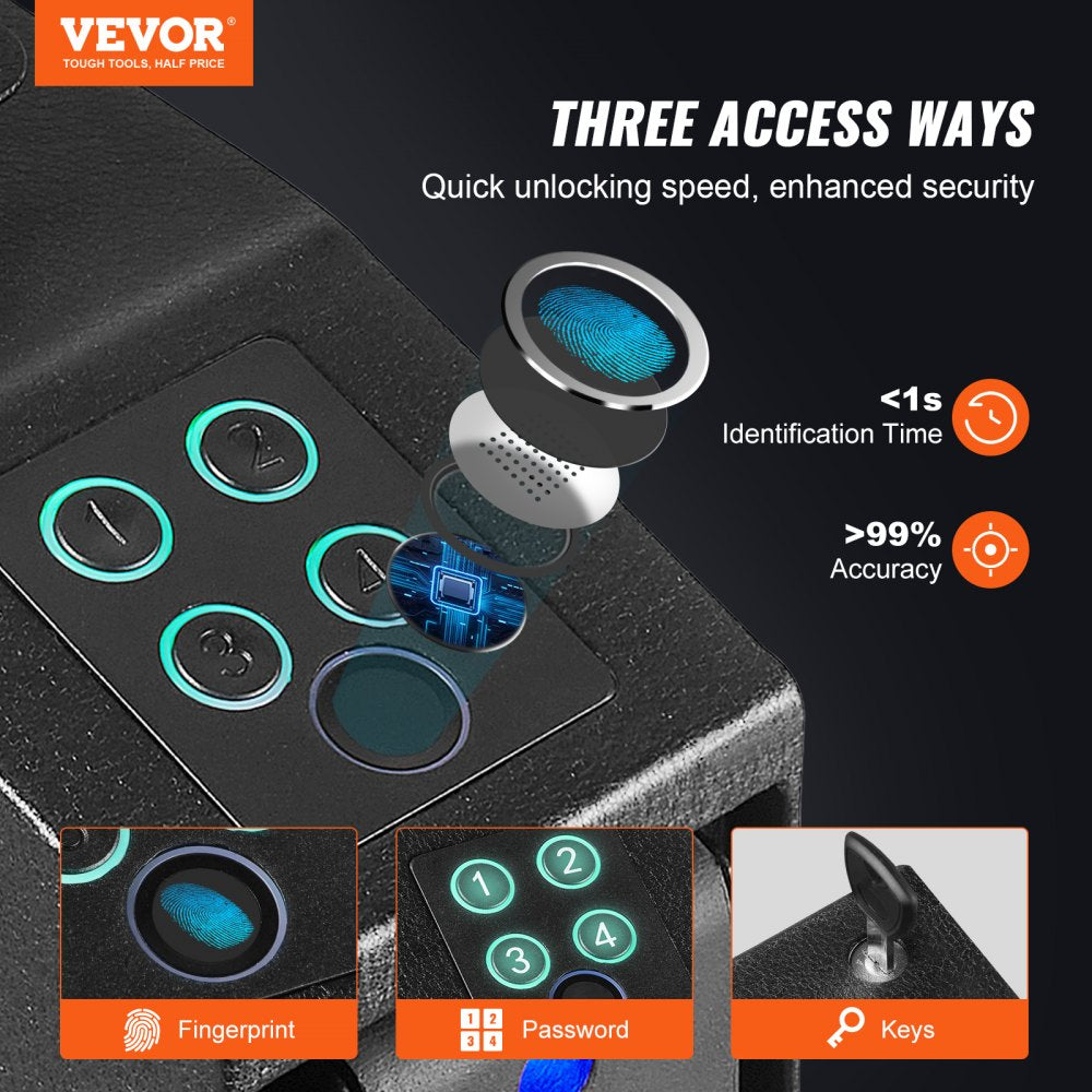 VEVOR Mounted Gun Safe for Pistols, Biometric Gun Safe with Three Quick Access Ways of Fingerprints, Passwords and Keys, Handgun Safe for 1 Pistol for Home, Bedside, Nightstand, Wall 