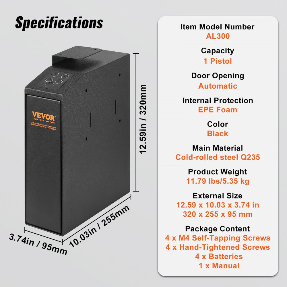VEVOR Mounted Gun Safe for Pistols, Biometric Gun Safe with Three Quick Access Ways of Fingerprints, Passwords and Keys, Handgun Safe for 1 Pistol for Home, Bedside, Nightstand, Wall 