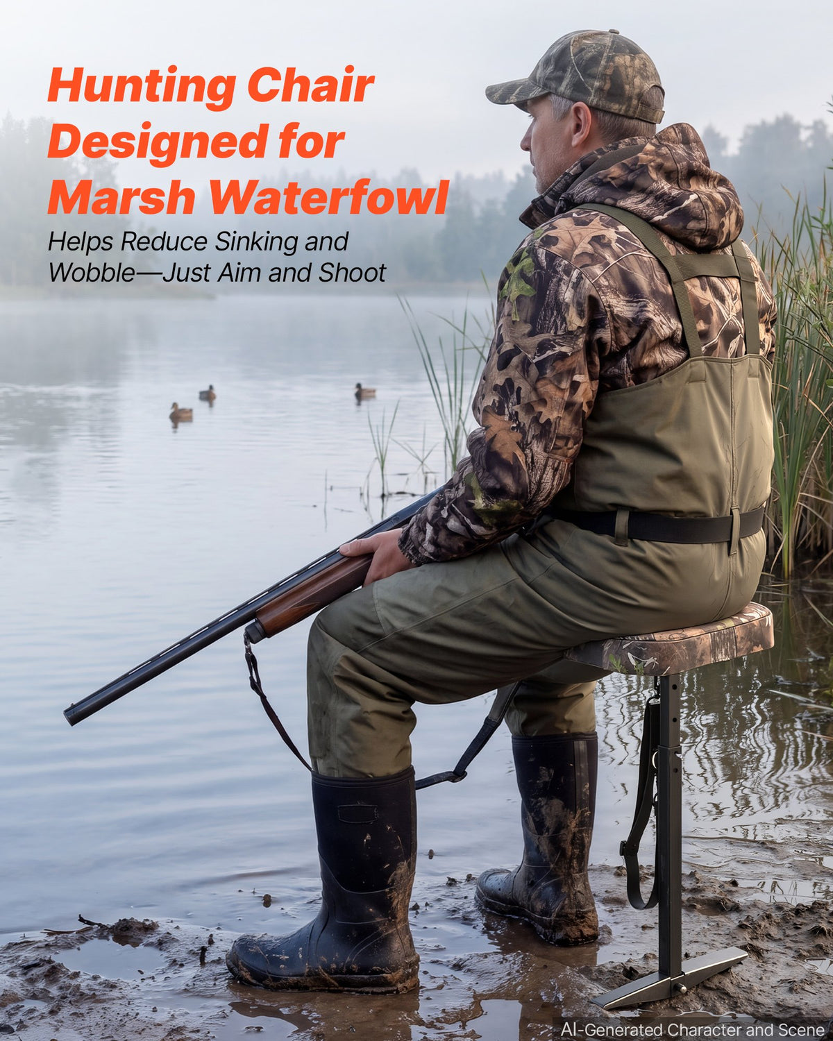 Adjustable Marsh Hunting Seat – 300 lb Capacity, Camouflage Waterfowl Seat with Mud Plates