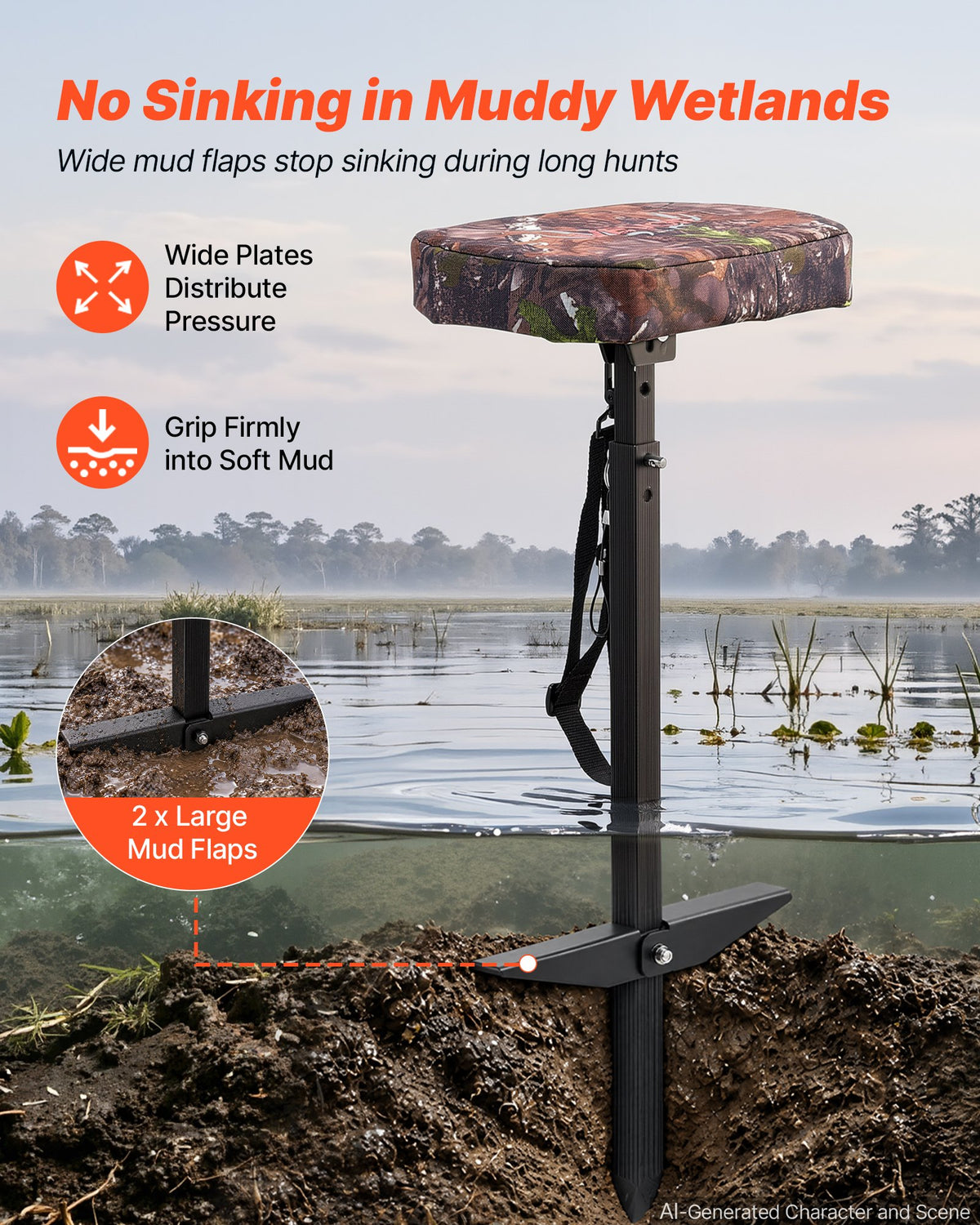 Adjustable Marsh Hunting Seat – 300 lb Capacity, Camouflage Waterfowl Seat with Mud Plates