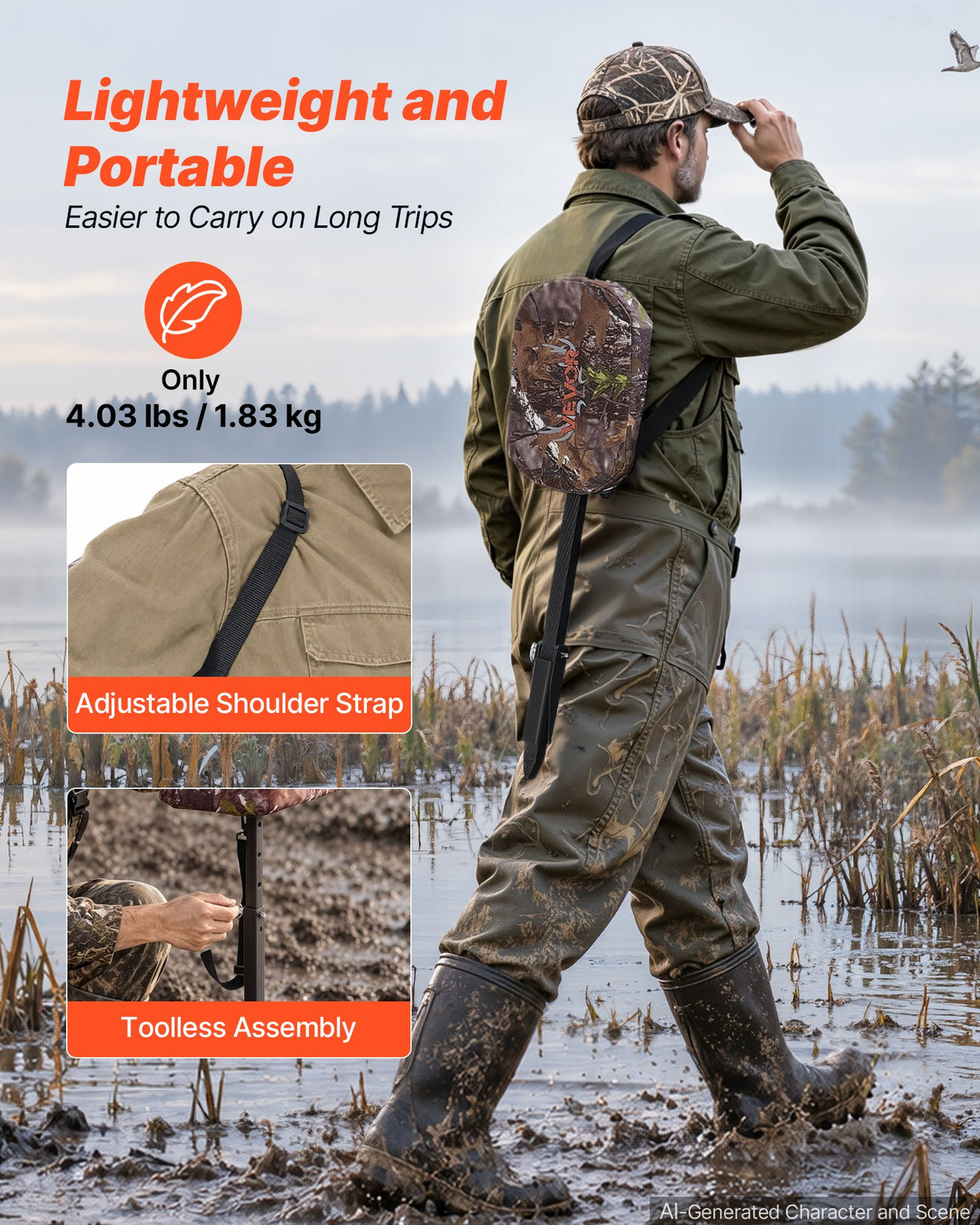 Adjustable Marsh Hunting Seat – 300 lb Capacity, Camouflage Waterfowl Seat with Mud Plates