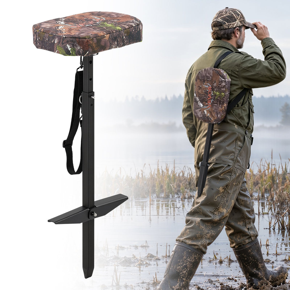 Adjustable Marsh Hunting Seat – 300 lb Capacity, Camouflage Waterfowl Seat with Mud Plates