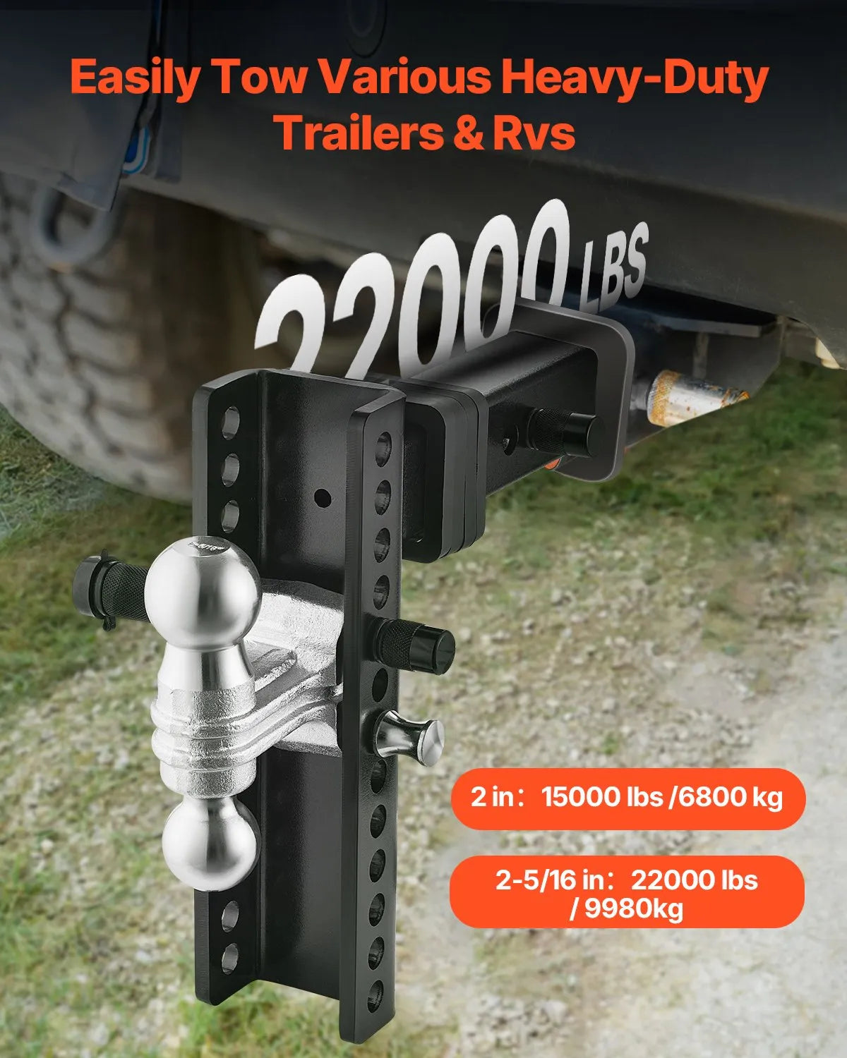 VEVOR Adjustable Trailer Hitch 2.5" Receiver 10" Drop Tri-Ball Hitch 22000 lbs