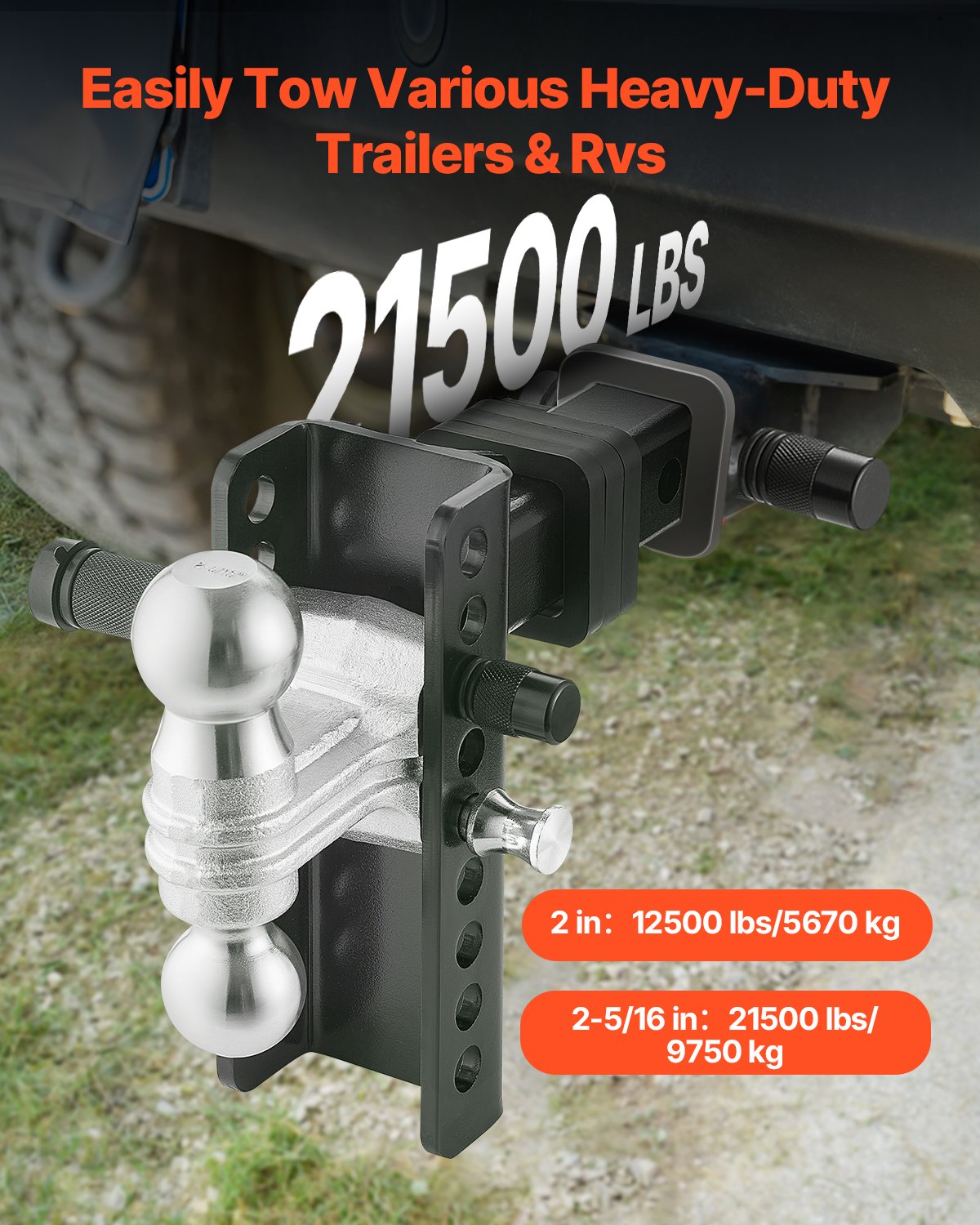 VEVOR Adjustable Trailer Hitch 2" Receiver 6" Drop Tri-Ball Hitch 21500 lbs 