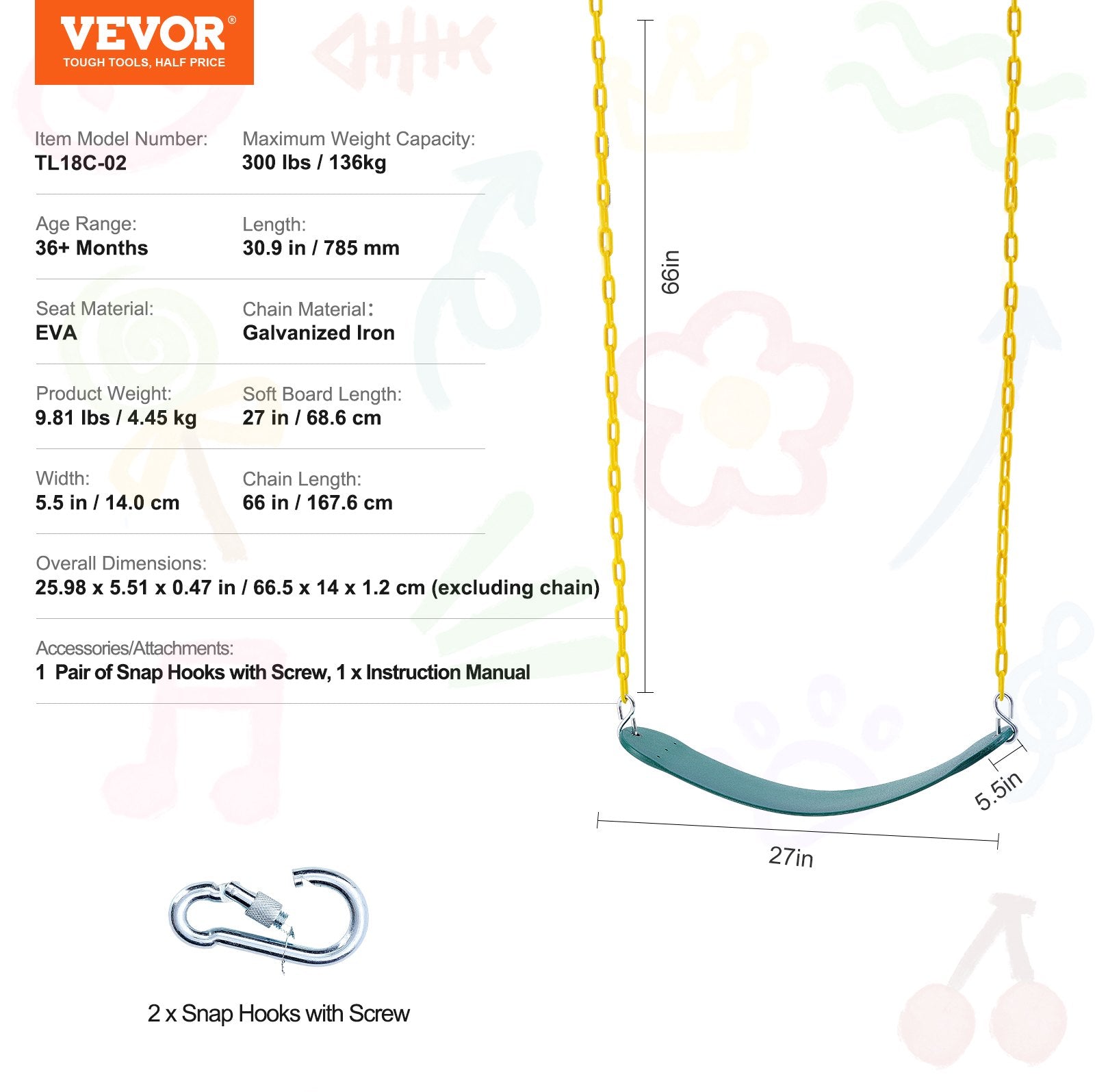VEVOR 2-Pack Swing Seats Swings Replacement for Outdoor Swing Set 66 Inch Chain 