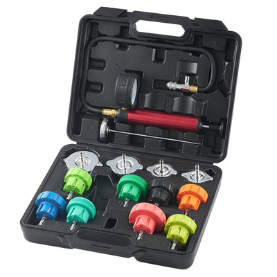 VEVOR 14 pcs Universal Radiator Pressure Tester Kit, Coolant Pressure Tester Kit with Manual Pump and Color-coded Steel Test Cap Adapters, with Toolbox, For Cars Motorcycles Trucks Cooling System 