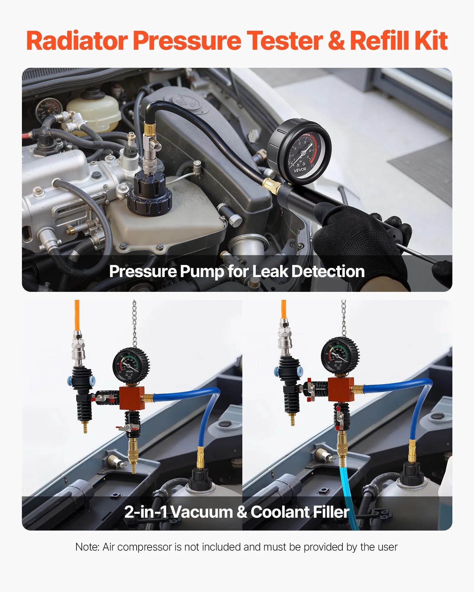 VEVOR Coolant Pressure Tester Kit, 47Pcs Radiator Vacuum Refill Kit with 3 Metal Adapters, Universal Fit, Automotive Cooling System Pressure Tester Tool, with Pressures Pump & Aluminum-Plastic Filler 