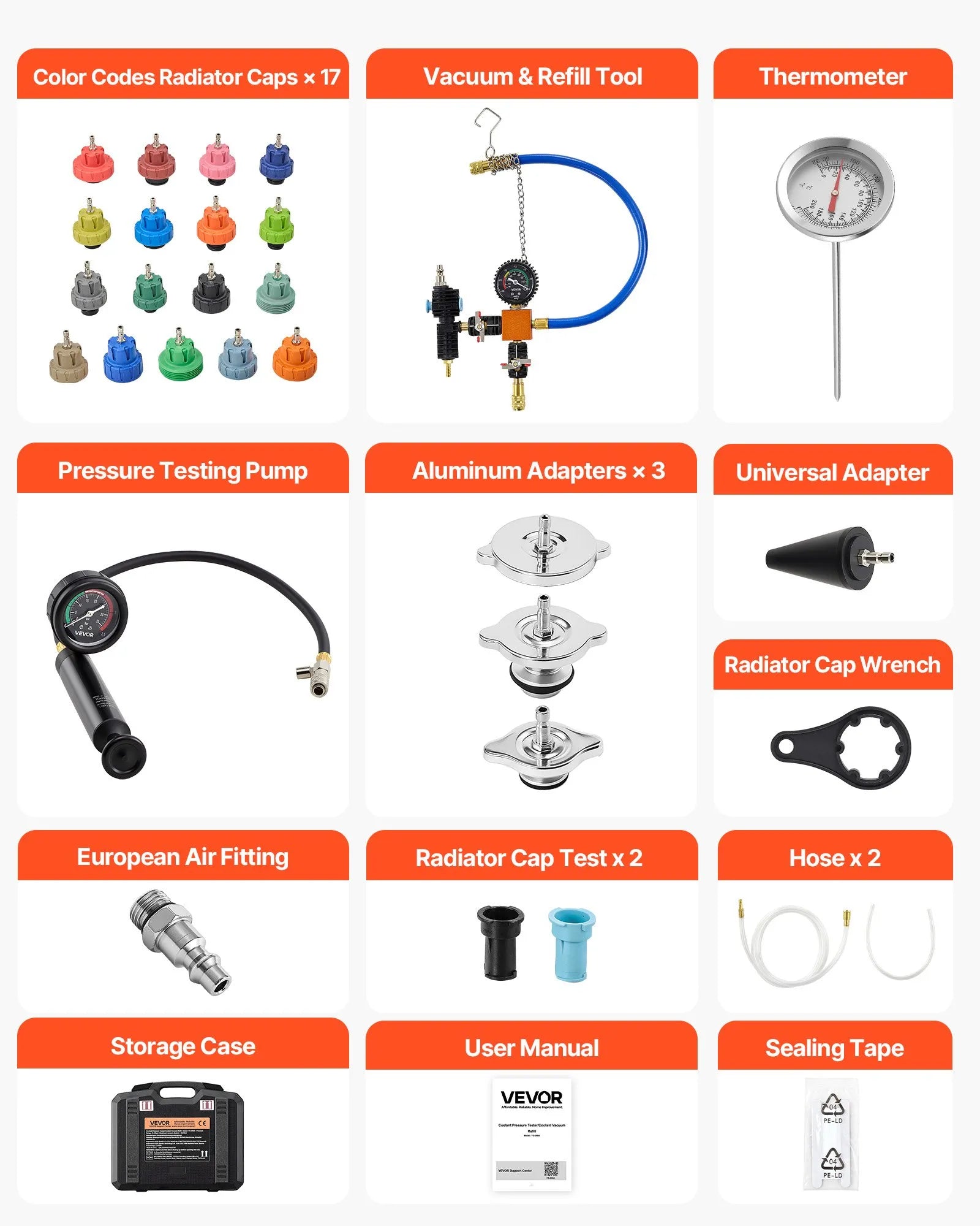 VEVOR Coolant Pressure Tester Kit, 47Pcs Radiator Vacuum Refill Kit with 3 Metal Adapters, Universal Fit, Automotive Cooling System Pressure Tester Tool, with Pressures Pump & Aluminum-Plastic Filler 