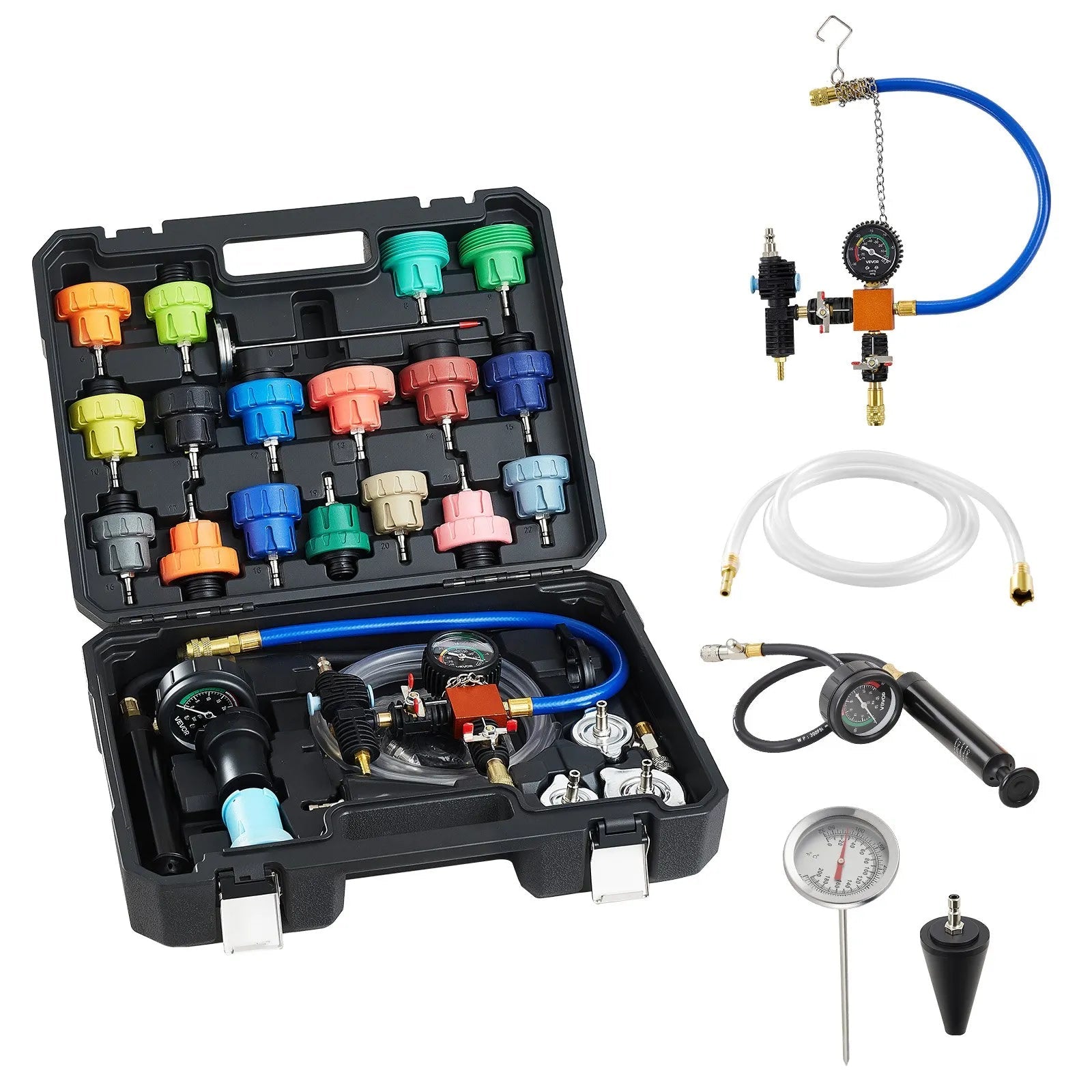 VEVOR Coolant Pressure Tester Kit, 47Pcs Radiator Vacuum Refill Kit with 3 Metal Adapters, Universal Fit, Automotive Cooling System Pressure Tester Tool, with Pressures Pump & Aluminum-Plastic Filler 