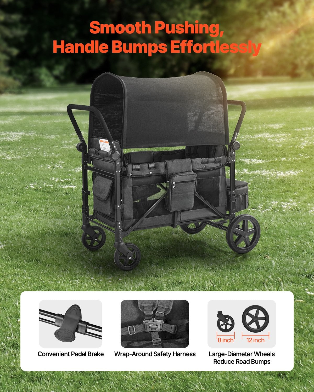 Wagon Stroller for 4 Kids Push Pull Quad Collapsible Stroller for Camping 