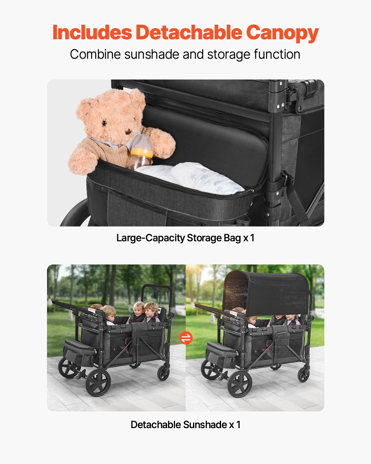 Wagon Stroller for 4 Kids Push Pull Quad Collapsible Stroller for Camping 